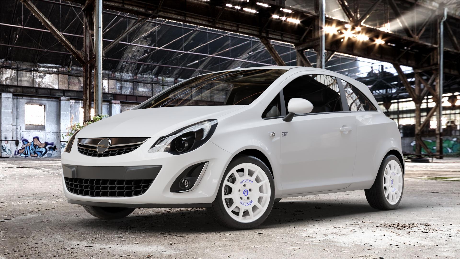 SPARCO TERRA WHITE + BLUE LETTERING Felge mit Reifen weiss weiß in 17Zoll Winterfelge Alufelge auf weissem Opel Corsa D Typ S-D Facelift ⬇️ mit 15mm Tieferlegung ⬇️ Old Industrial Hall_max_4400mm_2024 Frontansicht_1