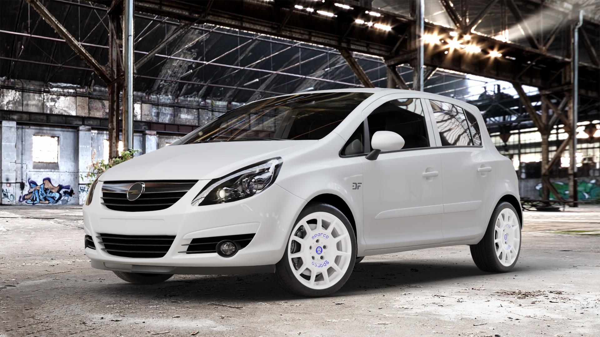 SPARCO TERRA WHITE + BLUE LETTERING Felge mit Reifen weiss weiß in 17Zoll Winterfelge Alufelge auf weissem Opel Corsa D Typ S-D ⬇️ mit 15mm Tieferlegung ⬇️ Old Industrial Hall_max_4400mm_2024 Frontansicht_1