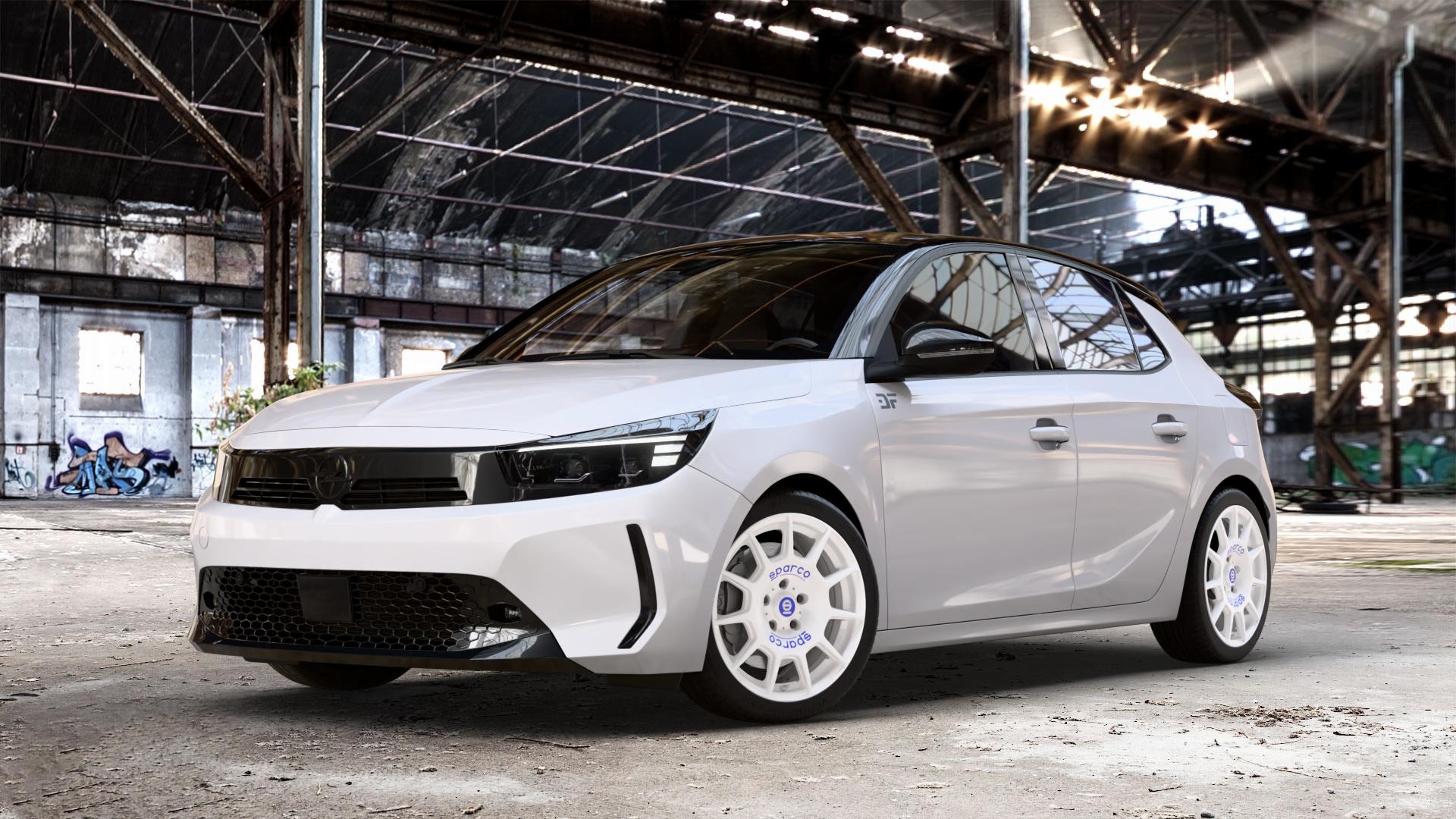 SPARCO TERRA WHITE + BLUE LETTERING Felge mit Reifen weiss weiß in 17Zoll Winterfelge Alufelge auf weissem Opel Corsa F Typ U Facelift 0,0l 57kW Corsa-e (77 PS) 62kW (84 1,2l Turbo 74kW Mild-Hybrid (101 100kW (136 ⬇️ mit 15mm Tieferlegung ⬇️ Old Industrial Hall_max_4400mm_2024 Frontansicht_1