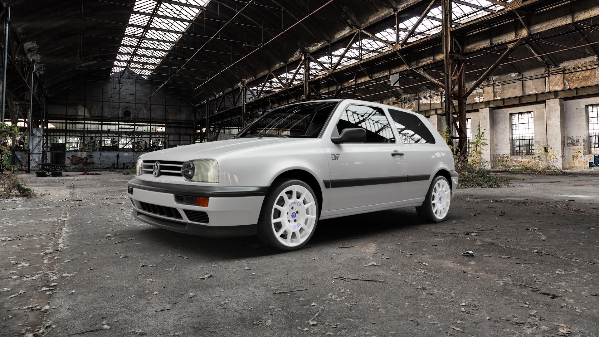 SPARCO TERRA WHITE + BLUE LETTERING Felge mit Reifen weiss weiß in 17Zoll Winterfelge Alufelge auf weissem Volkswagen (VW) Golf 3 Variant Cabrio ⬇️ mit 15mm Tieferlegung ⬇️ Old Industrial Hall_max5000mm_2022 Frontansicht_1
