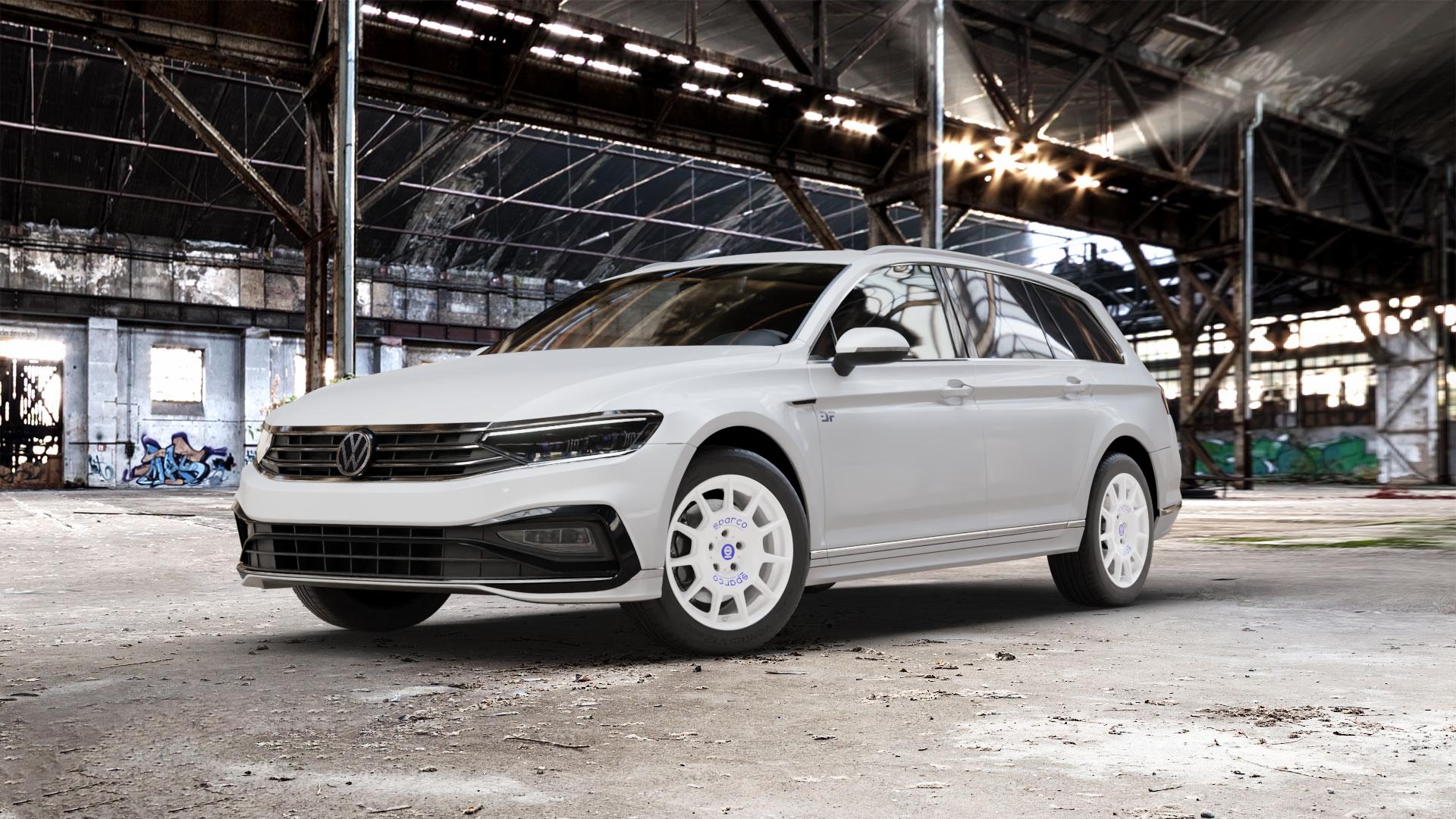 SPARCO TERRA WHITE + BLUE LETTERING Felge mit Reifen weiss weiß in 17Zoll Winterfelge Alufelge auf weissem Volkswagen (VW) Passat 3C/B8 Variant Facelift ⬇️ mit 15mm Tieferlegung ⬇️ Old Industrial Hall_max_5300mm_2024 Frontansicht_1