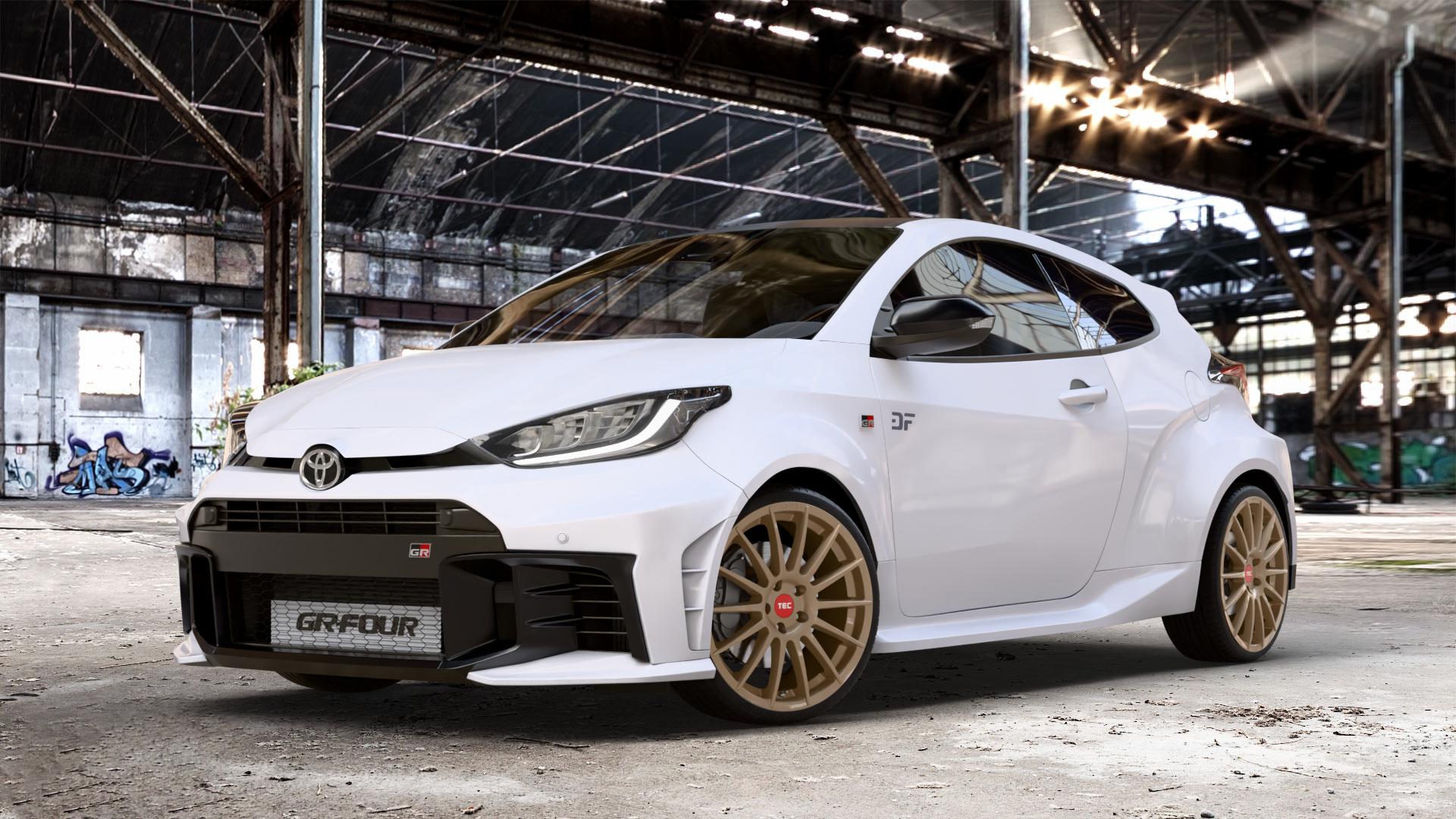 Tec Speedwheels AS2 Bronze Felge mit Reifen in 19Zoll Winterfelge Alufelge auf weissem Toyota Yaris IV GR Typ XPA1G(EU,M) Facelift ⬇️ mit 15mm Tieferlegung ⬇️ Old Industrial Hall_max_4400mm_2024 Frontansicht_1