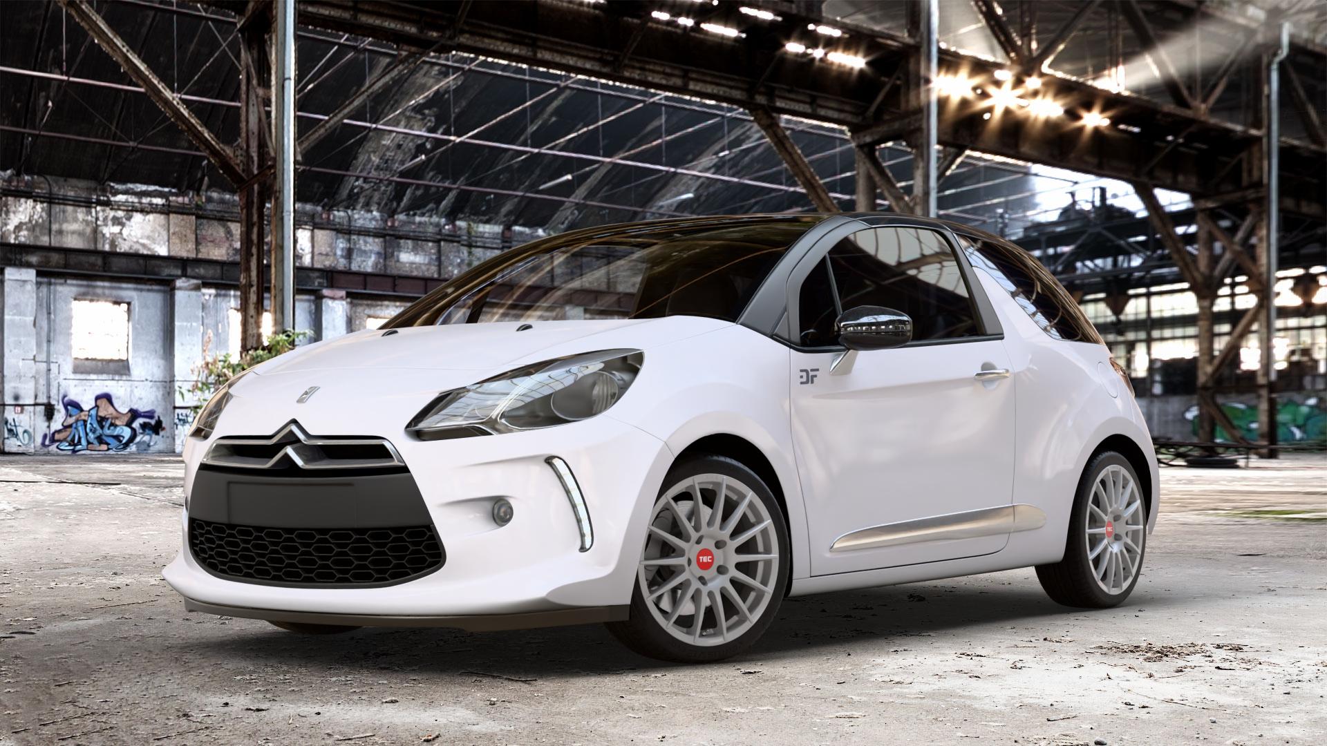 Tec Speedwheels AS2 Graphit Silber Felge mit Reifen grau in 17Zoll Winterfelge Alufelge auf weissem Citroen DS3 DS Automobiles Typ S, S***** ⬇️ mit 15mm Tieferlegung ⬇️ Old Industrial Hall_max_4400mm_2024 Frontansicht_1