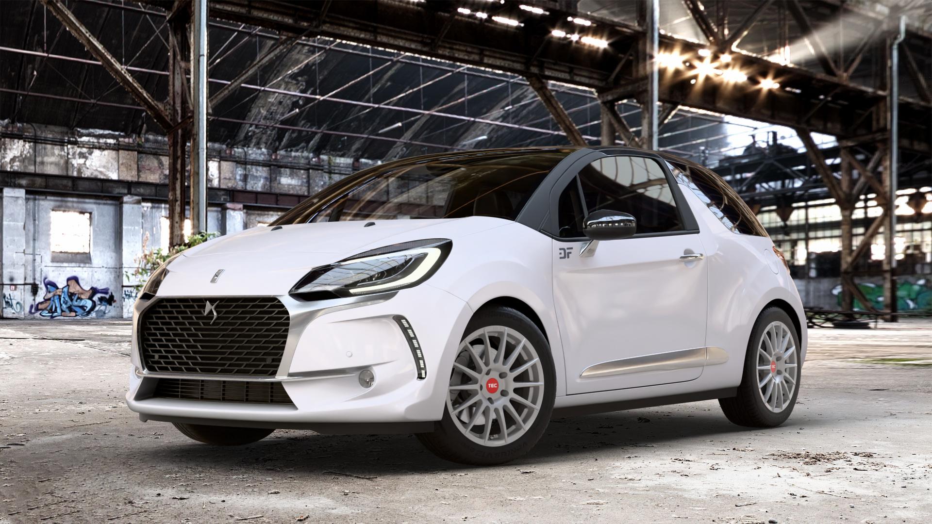 Tec Speedwheels AS2 Graphit Silber Felge mit Reifen grau in 17Zoll Winterfelge Alufelge auf weissem Citroen DS3 Facelift DS Automobiles Typ S ⬇️ mit 15mm Tieferlegung ⬇️ Old Industrial Hall_max_4400mm_2024 Frontansicht_1