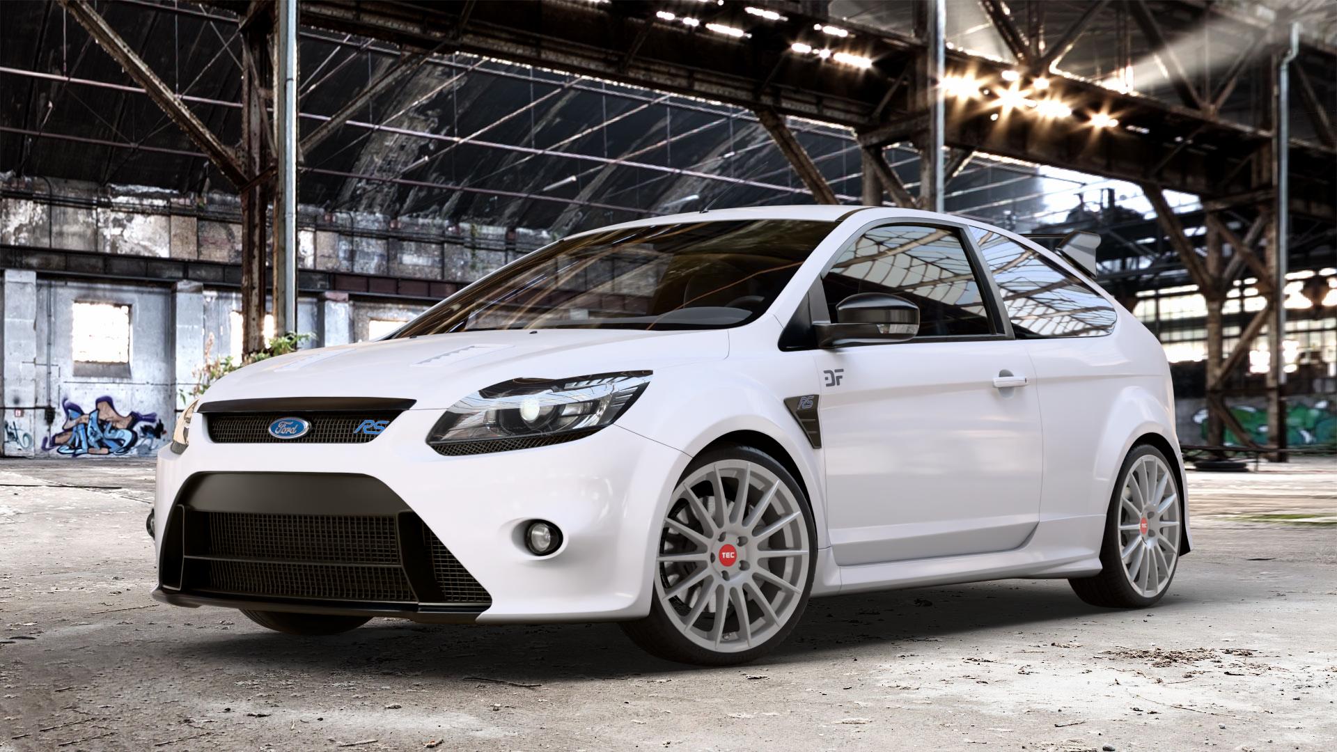 Tec Speedwheels AS2 Graphit Silber Felge mit Reifen grau in 19Zoll Winterfelge Alufelge auf weissem Ford Focus II Typ DA3 (Schrägheck) 2,5l RS 224kW (305 PS) RS500 257kW (349 ⬇️ mit 15mm Tieferlegung ⬇️ Old Industrial Hall_max_4400mm_2024 Frontansicht_1