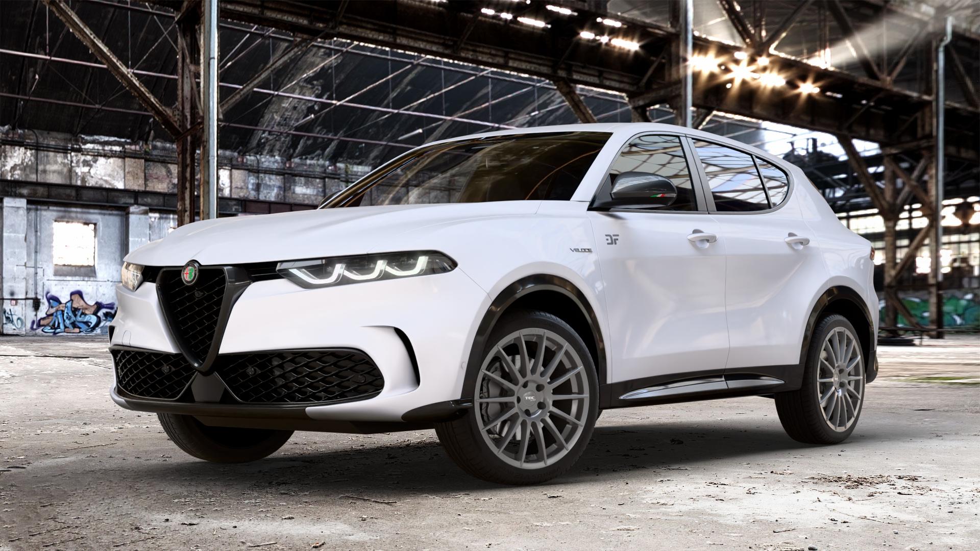 Tec Speedwheels AS2 Gun Metal Felge mit Reifen grau anthrazit in 19Zoll Winterfelge Alufelge auf weissem Alfa Romeo Tonale Typ AV1 ⬇️ mit 15mm Tieferlegung ⬇️ Old Industrial Hall_max_4400mm_2024 Frontansicht_1