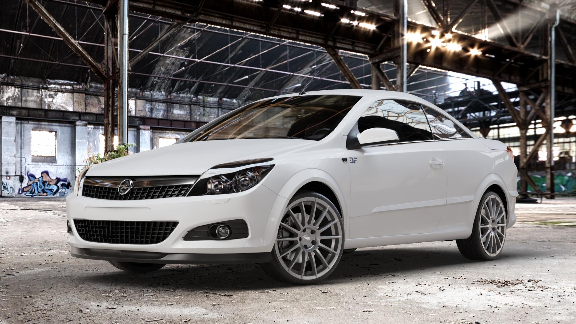 Tec Speedwheels AS2 Gun Metal Felge mit Reifen grau anthrazit in 19Zoll Winterfelge Alufelge auf weissem Opel Astra H Twin Top Typ A-H/C ⬇️ mit 15mm Tieferlegung ⬇️ Old Industrial Hall_max_4400mm_2024 Frontansicht_1