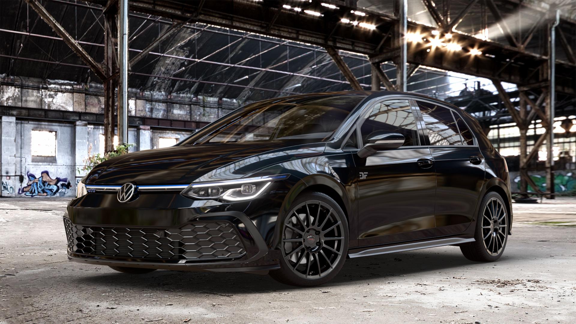 Tec Speedwheels AS2 Schwarz Glanz Felge mit Reifen in 18Zoll Winterfelge Alufelge auf schwarzem metallic Volkswagen (VW) Golf 8 1,4l GTE 110kW Hybrid (150 PS) ⬇️ mit 15mm Tieferlegung ⬇️ Old Industrial Hall_max_4400mm_2024 Frontansicht_1