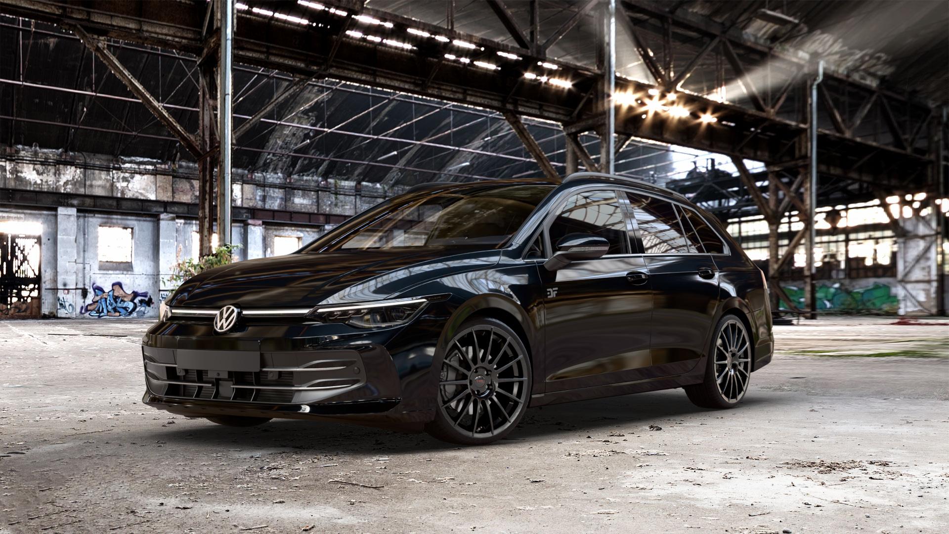 Tec Speedwheels AS2 Schwarz Glanz Felge mit Reifen in 19Zoll Winterfelge Alufelge auf schwarzem Volkswagen (VW) Golf 8 Variant Facelift ⬇️ mit 15mm Tieferlegung ⬇️ Old Industrial Hall_max_5300mm_2024 Frontansicht_1