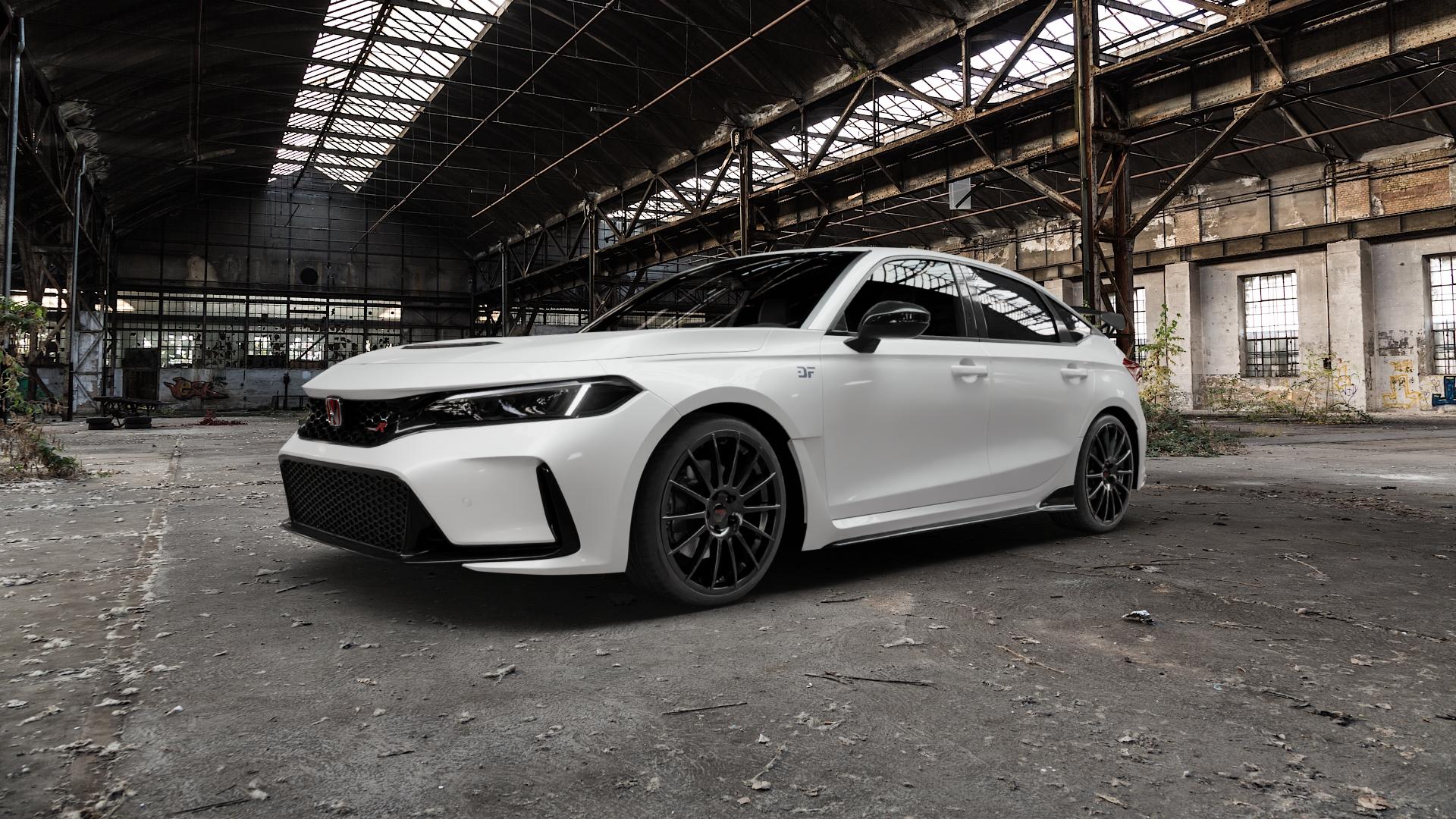 Tec Speedwheels AS2 Schwarz Glanz Felge mit Reifen in 19Zoll Winterfelge Alufelge auf weissem Honda Civic 11 Schrägheck (FE) 2,0l Type-R 242kW (329 PS) ⬇️ mit 15mm Tieferlegung ⬇️ Old Industrial Hall_max5000mm_2022 Frontansicht_1