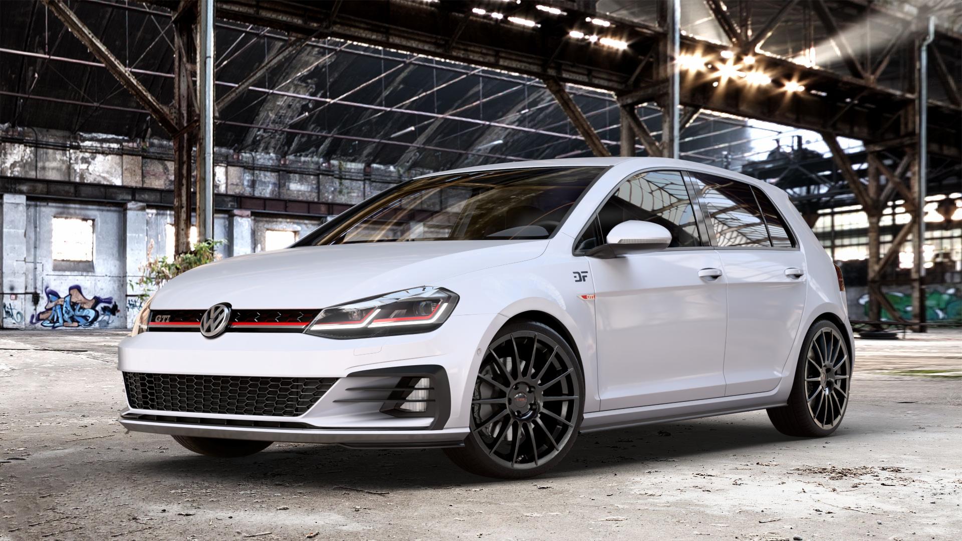 Tec Speedwheels AS2 Schwarz Glanz Felge mit Reifen in 19Zoll Winterfelge Alufelge auf weissem unilack Volkswagen (VW) Golf 7 Facelift 2,0l GTI Performance 180kW (245 PS) 169kW (230 ⬇️ mit 15mm Tieferlegung ⬇️ Old Industrial Hall_max_4400mm_2024 Frontansicht_1