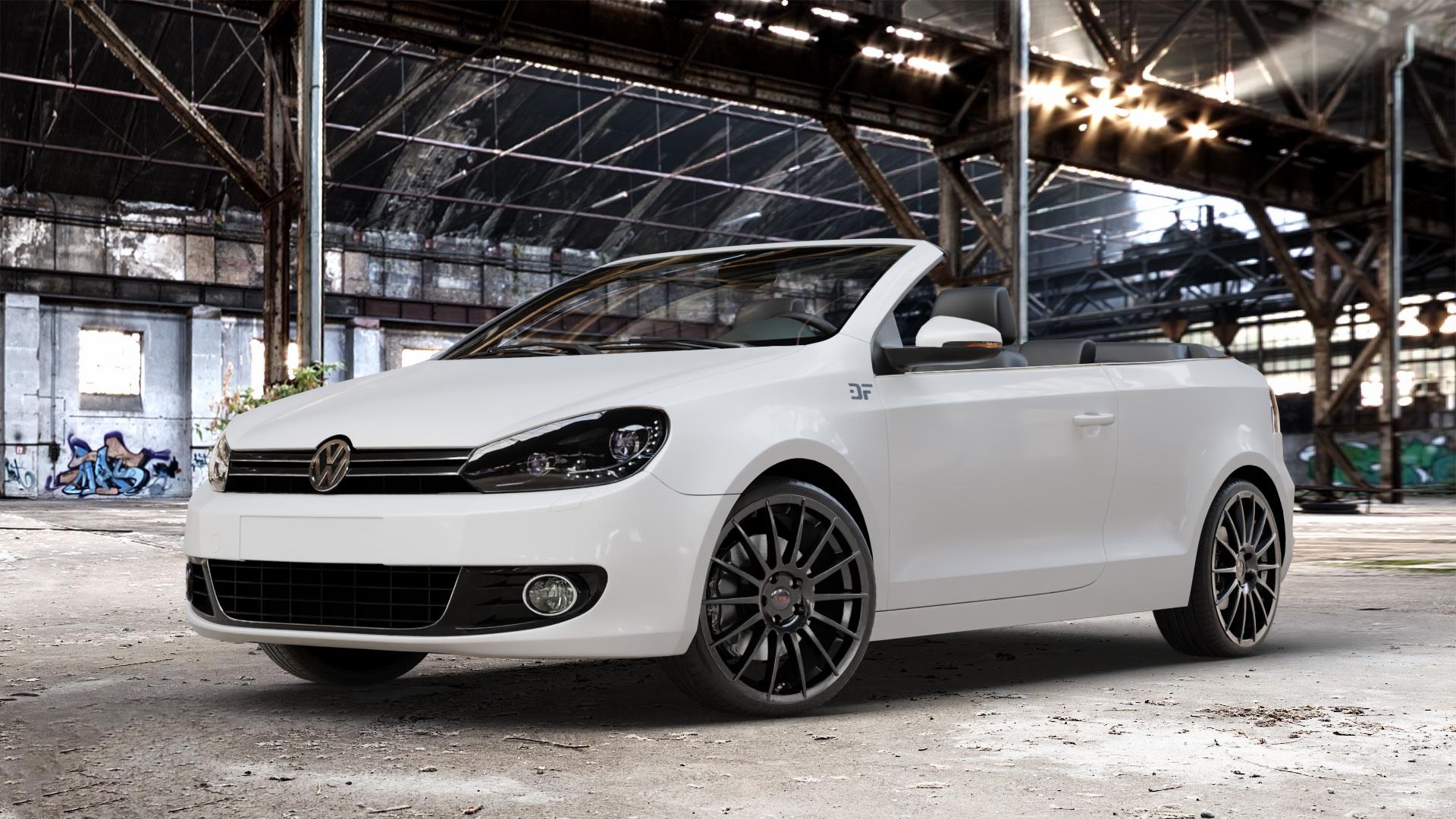 Tec Speedwheels AS2 Schwarz Glanz Felge mit Reifen in 19Zoll Winterfelge Alufelge auf weissem Volkswagen (VW) Golf 6 Cabrio ⬇️ mit 15mm Tieferlegung ⬇️ Old Industrial Hall_max_4400mm_2024 Frontansicht_1