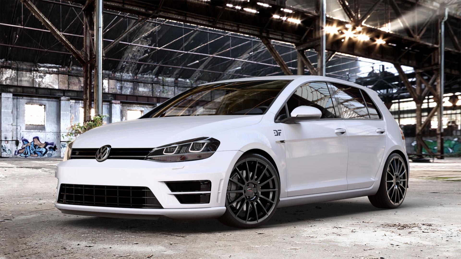 Tec Speedwheels AS2 Schwarz Glanz Felge mit Reifen in 19Zoll Winterfelge Alufelge auf weissem Volkswagen (VW) Golf 7 2,0l R 4motion 221kW (300 PS) ⬇️ mit 15mm Tieferlegung ⬇️ Old Industrial Hall_max_4400mm_2024 Frontansicht_1
