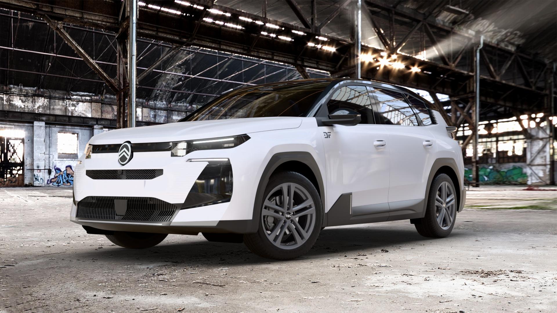 Tec Speedwheels AS4 EVO Gun Metal Felge mit Reifen grau anthrazit in 19Zoll Winterfelge Alufelge auf weissem Citroen C5 Aircross Typ K 1,2l 100kW Mild-Hybrid (136 PS) 1,6l 110kW Plug-In-Hybrid (150 0,0l 105kW eC5 (143 104kW (141 ⬇️ mit 15mm Tieferlegung ⬇️ Old Industrial Hall_max_5300mm_2024 Frontansicht_1