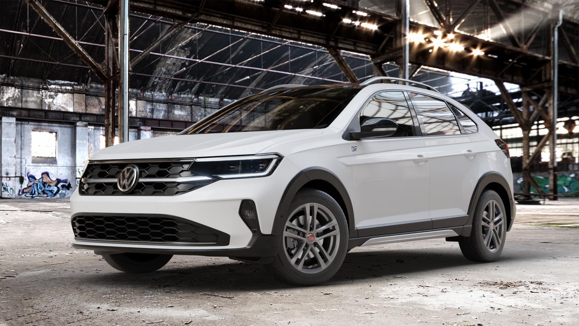 Tec Speedwheels AS4 Gun Metal Felge mit Reifen grau anthrazit in 16Zoll Winterfelge Alufelge auf weissem Volkswagen (VW) Taigo ⬇️ mit 15mm Tieferlegung ⬇️ Old Industrial Hall_max_4400mm_2024 Frontansicht_1