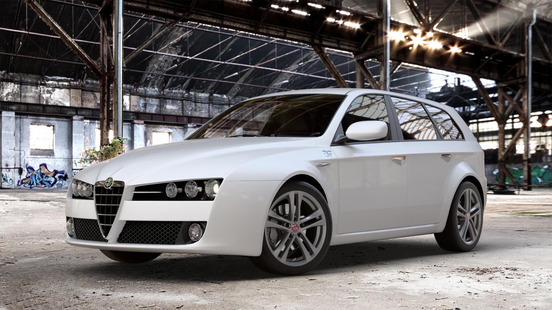 Tec Speedwheels AS4 Gun Metal Felge mit Reifen grau anthrazit in 18Zoll Winterfelge Alufelge auf weissem Alfa Romeo 159 Sportwagon ⬇️ mit 15mm Tieferlegung ⬇️ Old Industrial Hall_max_4400mm_2024 Frontansicht_1