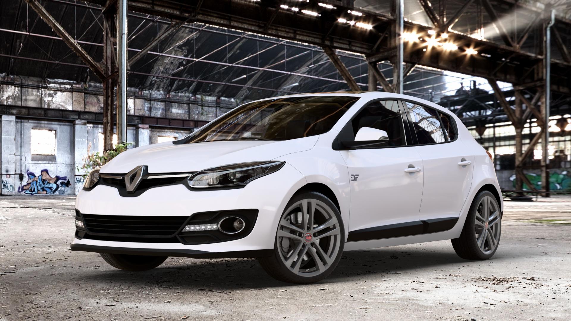 Tec Speedwheels AS4 Gun Metal Felge mit Reifen grau anthrazit in 18Zoll Winterfelge Alufelge auf weissem Renault Megane III Schrägheck Typ Z ⬇️ mit 15mm Tieferlegung ⬇️ Old Industrial Hall_max_4400mm_2024 Frontansicht_1