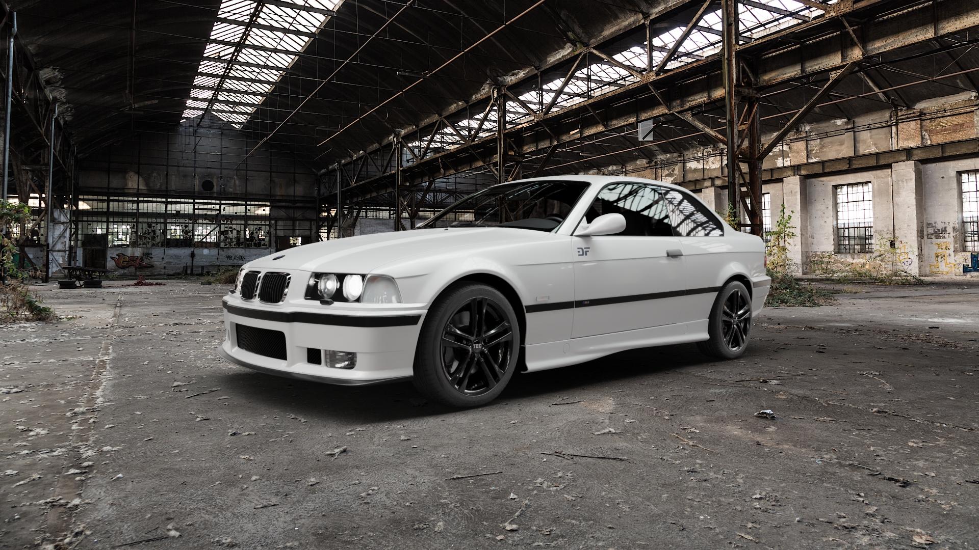 Tec Speedwheels AS4 Schwarz Glanz Felge mit Reifen in 17Zoll Winterfelge Alufelge auf weissem BMW M3 Typ E36 (Coupé) ⬇️ mit 15mm Tieferlegung ⬇️ Old Industrial Hall_max5000mm_2022 Frontansicht_1