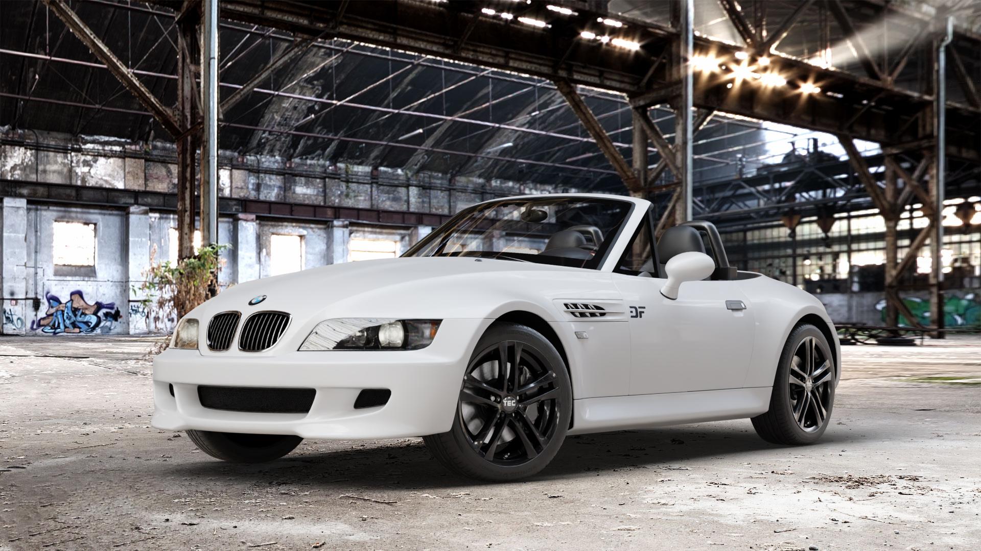 Tec Speedwheels AS4 Schwarz Glanz Felge mit Reifen in 17Zoll Winterfelge Alufelge auf weissem BMW Z3 Roadster Typ E36/7(S) (R/C) ⬇️ mit 15mm Tieferlegung ⬇️ Old Industrial Hall_max_4400mm_2024 Frontansicht_1