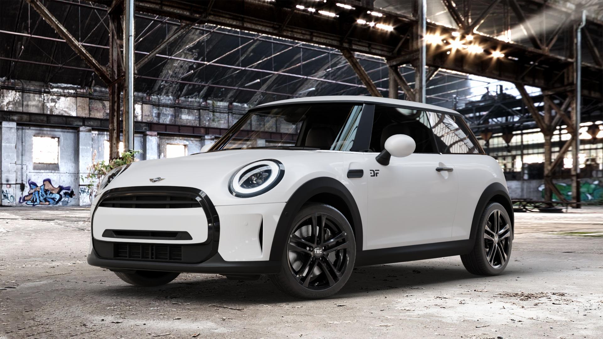 Tec Speedwheels AS4 Schwarz Glanz Felge mit Reifen in 17Zoll Winterfelge Alufelge auf weissem Mini F56 Typ FML2 (3-Türer Limousine) Facelift 21-> 1,5l One 55kW (75 PS) 75kW (102 ⬇️ mit 15mm Tieferlegung ⬇️ Old Industrial Hall_max_4400mm_2024 Frontansicht_1