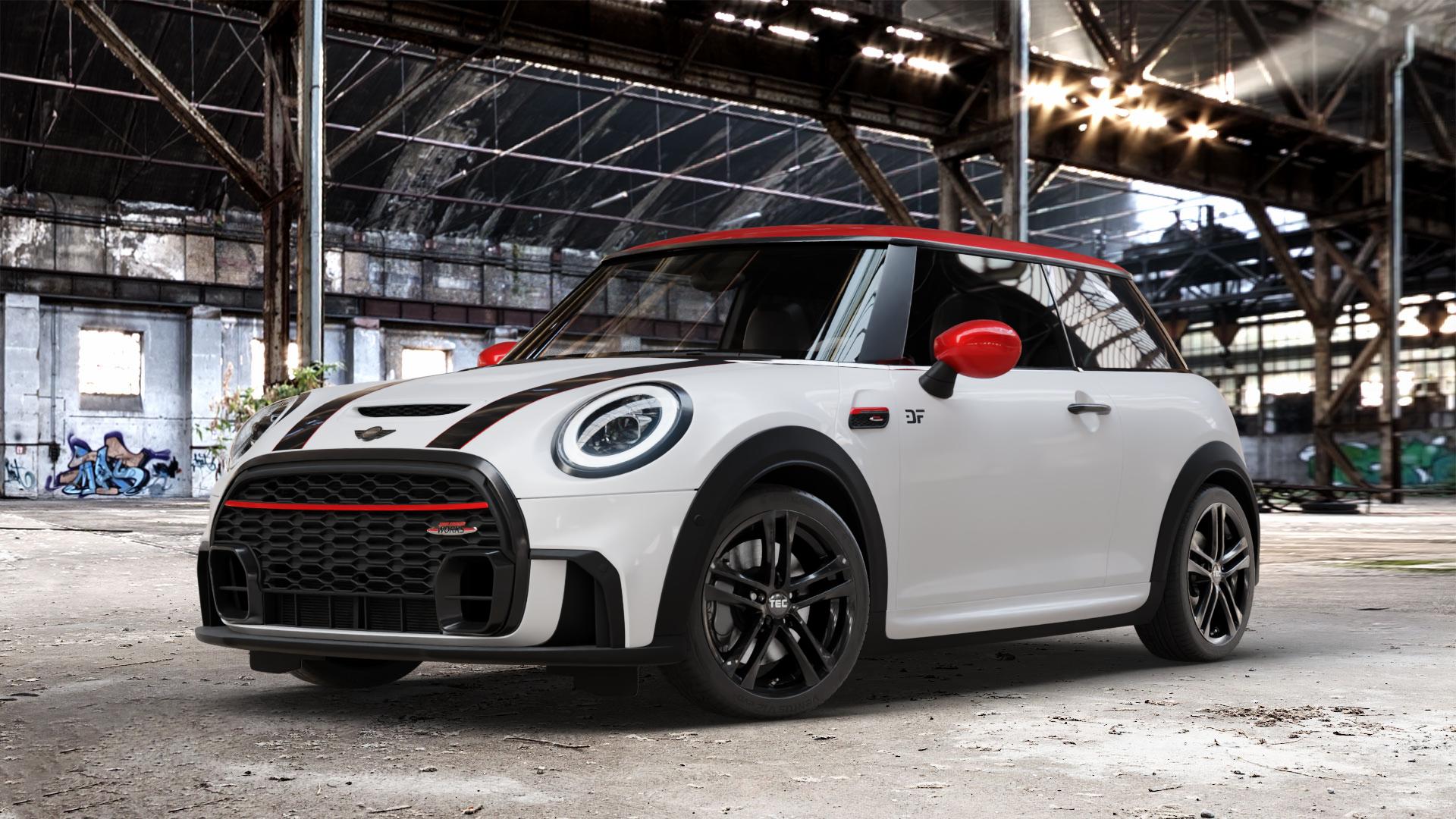 Tec Speedwheels AS4 Schwarz Glanz Felge mit Reifen in 17Zoll Winterfelge Alufelge auf weissem Mini F56 Typ FML2 (3-Türer Limousine) Facelift 21-> 2,0l Cooper S 131kW (178 PS) 120kW (163 JCW 170kW (231 ⬇️ mit 15mm Tieferlegung ⬇️ Old Industrial Hall_max_4400mm_2024 Frontansicht_1