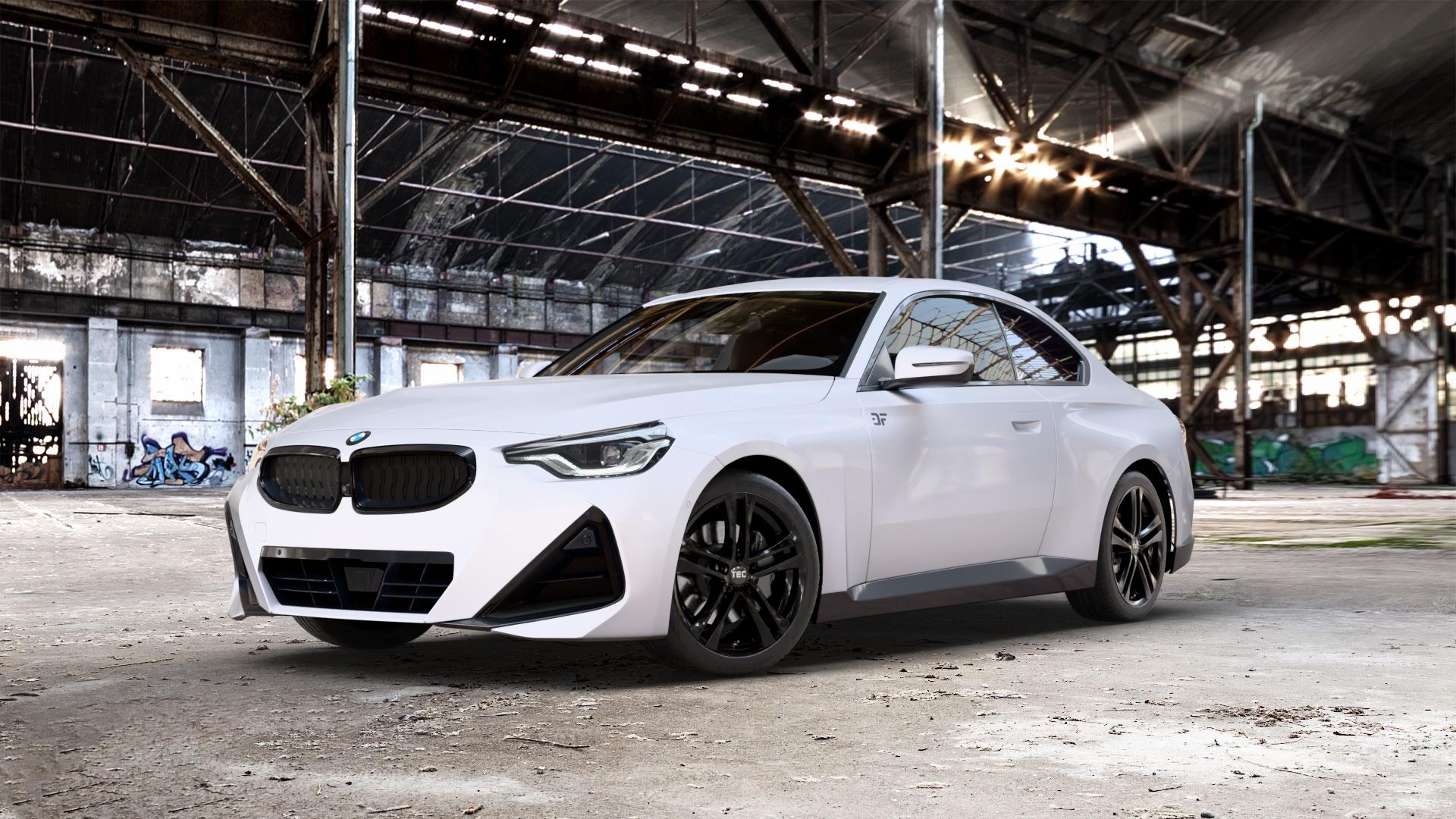 Tec Speedwheels AS4 Schwarz Glanz Felge mit Reifen in 18Zoll Winterfelge Alufelge auf weissem BMW 2er G42 Coupé (G2C) ⬇️ mit 15mm Tieferlegung ⬇️ Old Industrial Hall_max_5300mm_2024 Frontansicht_1
