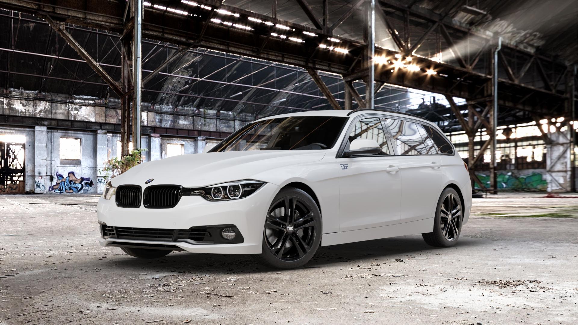 Tec Speedwheels AS4 Schwarz Glanz Felge mit Reifen in 18Zoll Winterfelge Alufelge auf weissem BMW 330d Typ F31 (Touring) xDrive 318i 330i 340i 3er Touring (3K, 3K-N1) ⬇️ mit 15mm Tieferlegung ⬇️ Old Industrial Hall_max_5300mm_2024 Frontansicht_1