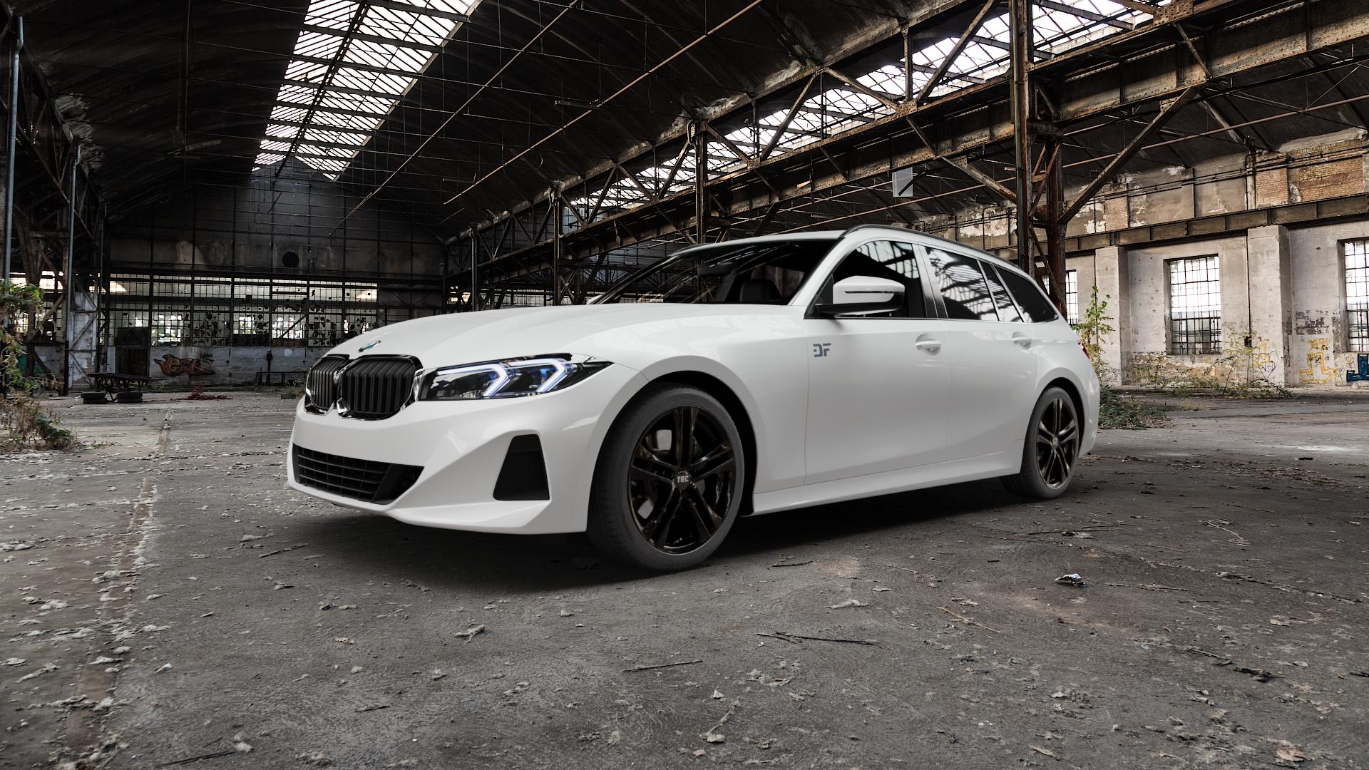 Tec Speedwheels AS4 Schwarz Glanz Felge mit Reifen in 18Zoll Winterfelge Alufelge auf weissem BMW 3er G21 Touring (G3K) Facelift ⬇️ mit 15mm Tieferlegung ⬇️ Old Industrial Hall_max5000mm_2022 Frontansicht_1