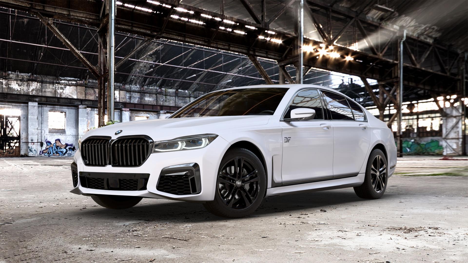 Tec Speedwheels AS4 Schwarz Glanz Felge mit Reifen in 18Zoll Winterfelge Alufelge auf weissem BMW 730i Typ G11 Facelift 740i 745e 750i xDrive 7er Limousine (7L) ⬇️ mit 15mm Tieferlegung ⬇️ Old Industrial Hall_max_5300mm_2024 Frontansicht_1