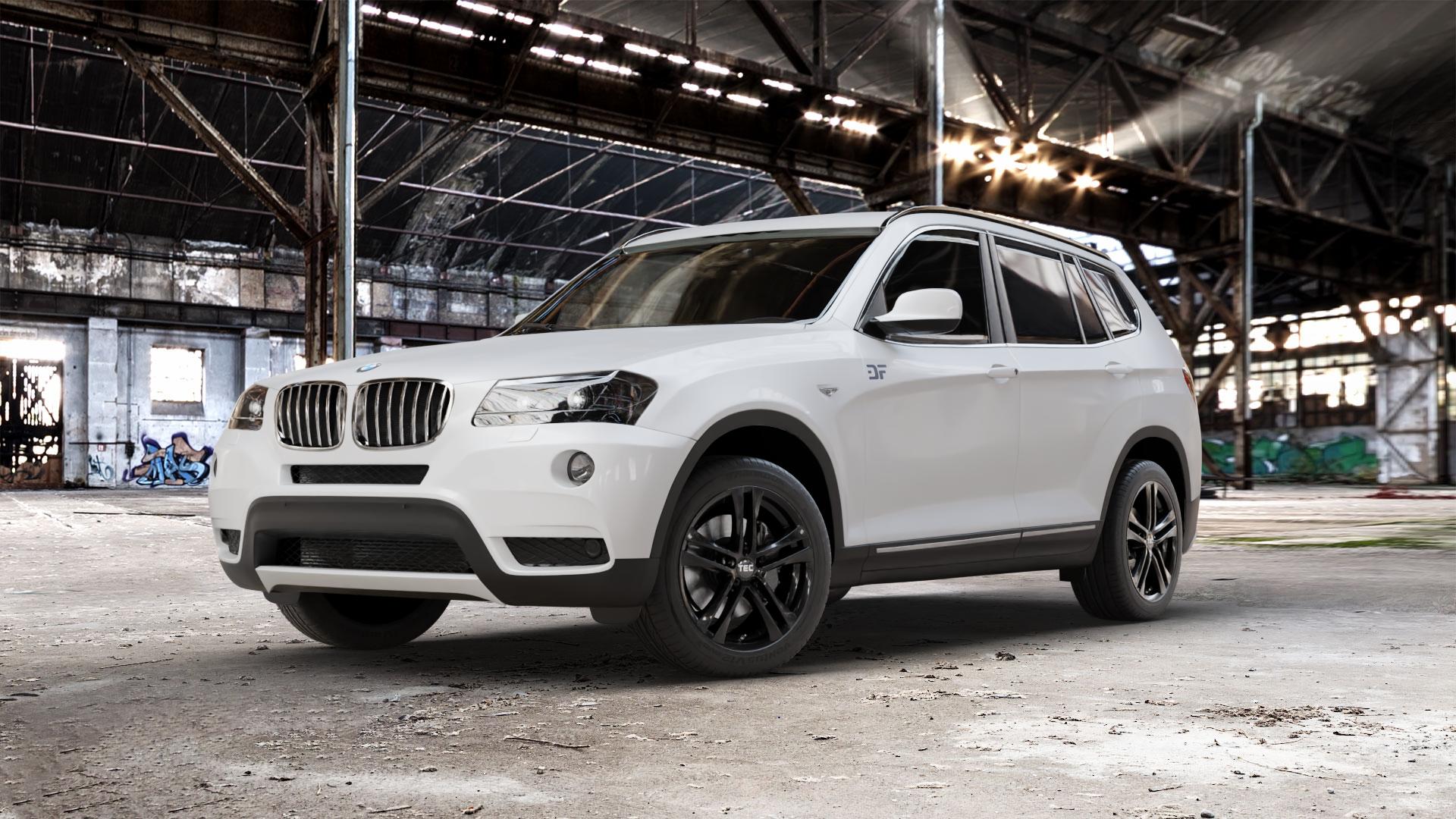 Tec Speedwheels AS4 Schwarz Glanz Felge mit Reifen in 18Zoll Winterfelge Alufelge auf weissem BMW X3 Typ F25 (X3, X-N1) ⬇️ mit 15mm Tieferlegung ⬇️ Old Industrial Hall_max_5300mm_2024 Frontansicht_1