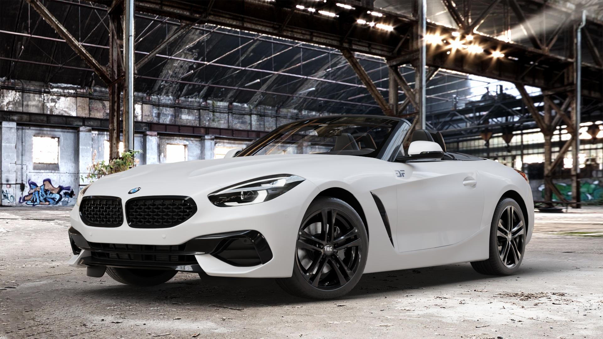 Tec Speedwheels AS4 Schwarz Glanz Felge mit Reifen in 18Zoll Winterfelge Alufelge auf weissem BMW Z4 Roadster Typ G29 (G4Z) Z1 Z8 ⬇️ mit 15mm Tieferlegung ⬇️ Old Industrial Hall_max_4400mm_2024 Frontansicht_1