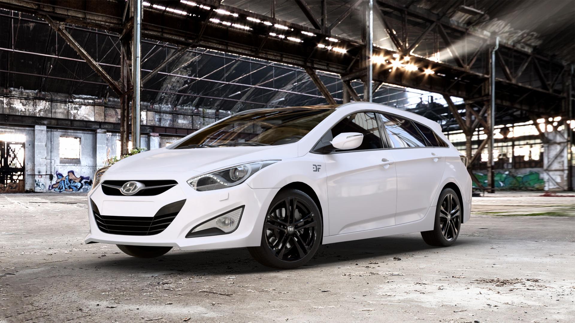 Tec Speedwheels AS4 Schwarz Glanz Felge mit Reifen in 18Zoll Winterfelge Alufelge auf weissem Hyundai i40 Typ VF Limousine Kombi Facelift ⬇️ mit 15mm Tieferlegung ⬇️ Old Industrial Hall_max_5300mm_2024 Frontansicht_1