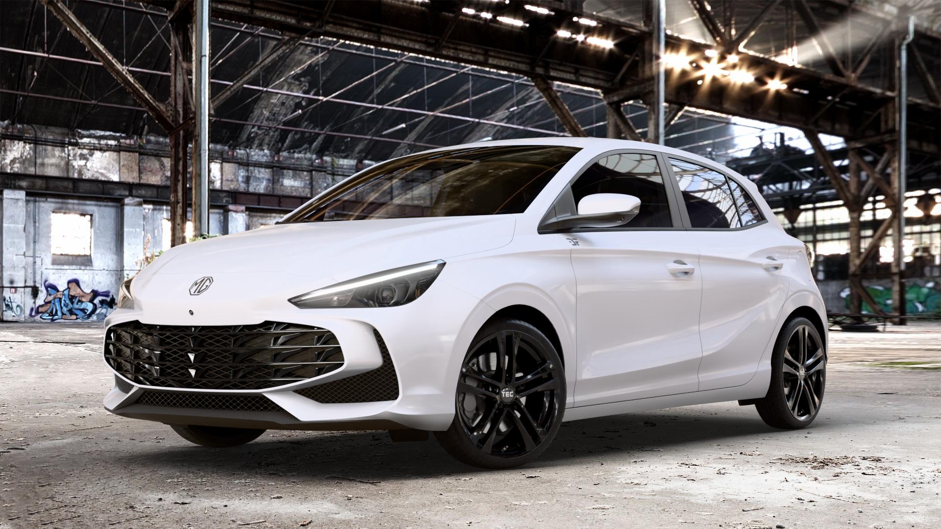 Tec Speedwheels AS4 Schwarz Glanz Felge mit Reifen in 18Zoll Winterfelge Alufelge auf weissem MG MG3 Typ ZP2A 1,5l 75kW Mild-Hybrid (102 PS) ⬇️ mit 15mm Tieferlegung ⬇️ Old Industrial Hall_max_4400mm_2024 Frontansicht_1