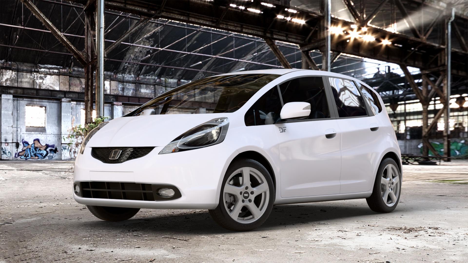 Tec Speedwheels AS5 Gun Metal Felge mit Reifen grau anthrazit in 16Zoll Winterfelge Alufelge auf weissem Honda Jazz III (GG, GE) 1,2l i-VTEC 66kW GG5 (90 PS) 1,4l 73kW GG6 (99 GG3 GE6 GG1 GG2 IMA Hybrid 65kW GP1 (88 ⬇️ mit 15mm Tieferlegung ⬇️ Old Industrial Hall_max_4400mm_2024 Frontansicht_1