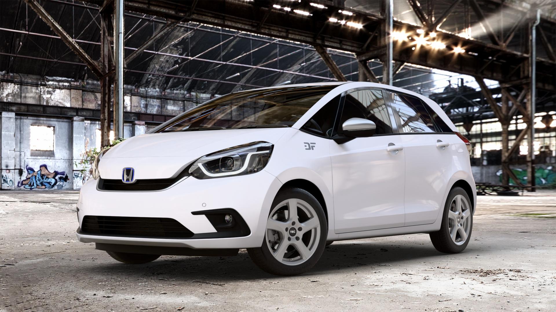 Tec Speedwheels AS5 Gun Metal Felge mit Reifen grau anthrazit in 16Zoll Winterfelge Alufelge auf weissem Honda Jazz V (GR) ⬇️ mit 15mm Tieferlegung ⬇️ Old Industrial Hall_max_4400mm_2024 Frontansicht_1