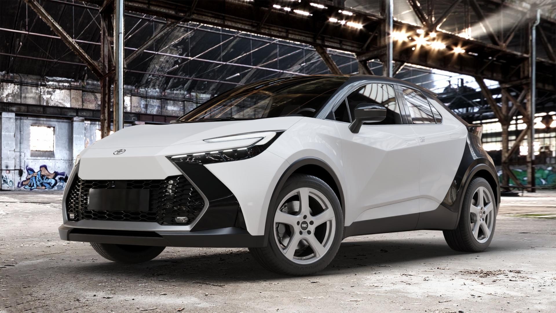 Tec Speedwheels AS5 Gun Metal Felge mit Reifen grau anthrazit in 18Zoll Winterfelge Alufelge auf weissem Toyota C-HR Typ AX2T(M) AX2T(M)-TGRE ⬇️ mit 15mm Tieferlegung ⬇️ Old Industrial Hall_max_4400mm_2024 Frontansicht_1