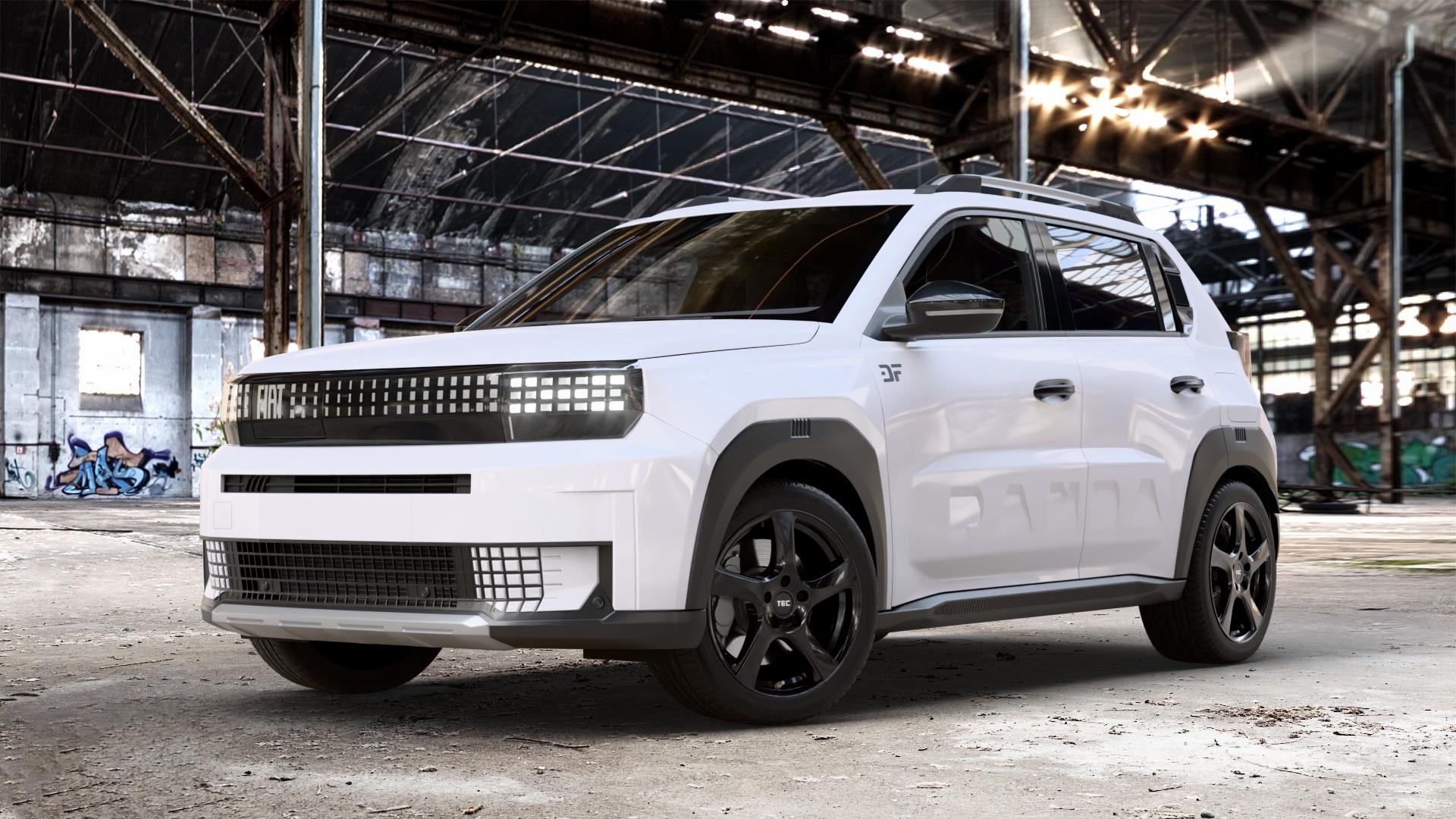 Tec Speedwheels AS5 Schwarz Glanz Felge mit Reifen in 17Zoll Winterfelge Alufelge auf weissem Fiat Grande Panda Typ C 1,2l PureTech 100 Mild-Hybrid 74kW (101 PS) 0,0l Elektro 53kW Electro (72 ⬇️ mit 15mm Tieferlegung ⬇️ Old Industrial Hall_max_4400mm_2024 Frontansicht_1