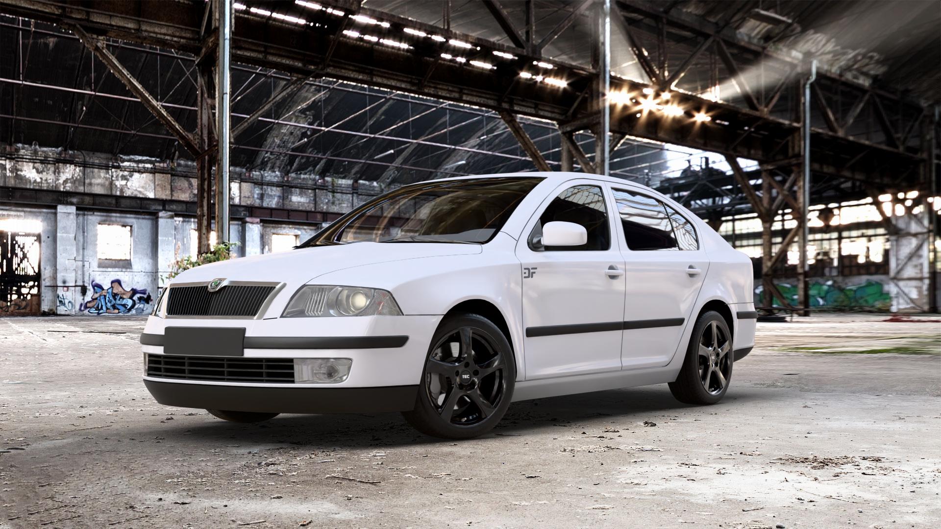 Tec Speedwheels AS5 Schwarz Glanz Felge mit Reifen in 17Zoll Winterfelge Alufelge auf weissem Skoda Octavia II Limousine Typ 1Z3 1,4l 55kW (75 PS) 59kW (80 1,6l 75kW (102 FSI 85kW (116 1,8l TSI 118kW (160 1,2l 77kW (105 90kW (122 TDI I 1U2 ⬇️ mit 15mm Tieferlegung ⬇️ Old Industrial Hall_max_5300mm_2024 Frontansicht_1