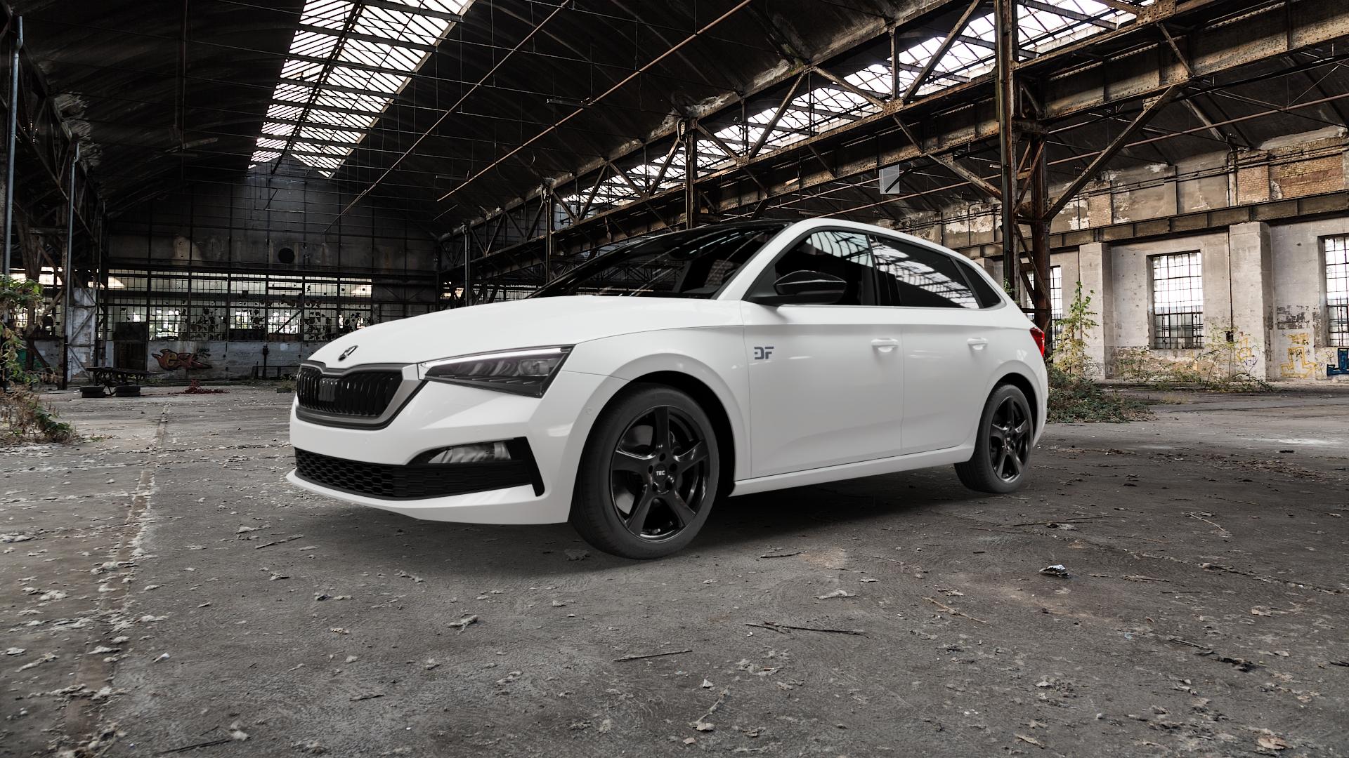 Tec Speedwheels AS5 Schwarz Glanz Felge mit Reifen in 17Zoll Winterfelge Alufelge auf weissem Skoda Scala Typ NW ⬇️ mit 15mm Tieferlegung ⬇️ Old Industrial Hall_max5000mm_2022 Frontansicht_1