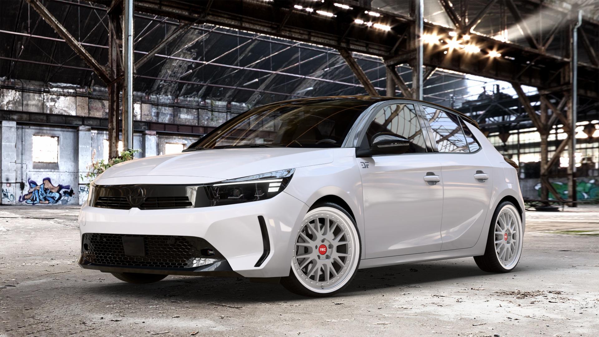 Tec Speedwheels GT EVO Hyper Silber Hornpoliert Felge mit Reifen in 19Zoll Alufelge auf weissem Opel Corsa F Typ U Facelift 0,0l 57kW Corsa-e (77 PS) 62kW (84 1,2l Turbo 74kW Mild-Hybrid (101 100kW (136 ⬇️ mit 15mm Tieferlegung ⬇️ Old Industrial Hall_max_4400mm_2024 Frontansicht_1