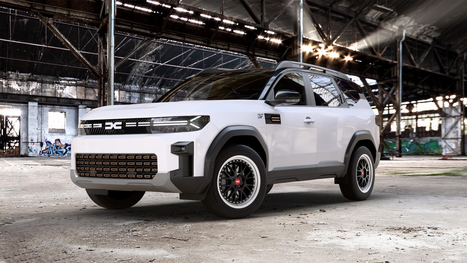 Tec Speedwheels GT EVO Schwarz Glanz Hornpoliert Felge mit Reifen silber mehrfarbig in 18Zoll Alufelge auf weissem Dacia Bigster Typ DJF 1,8l TCe 109 80kW Mild-Hybrid (109 PS) 1,2l 140 103kW (140 ⬇️ mit 15mm Tieferlegung ⬇️ Old Industrial Hall_max_5300mm_2024 Frontansicht_1