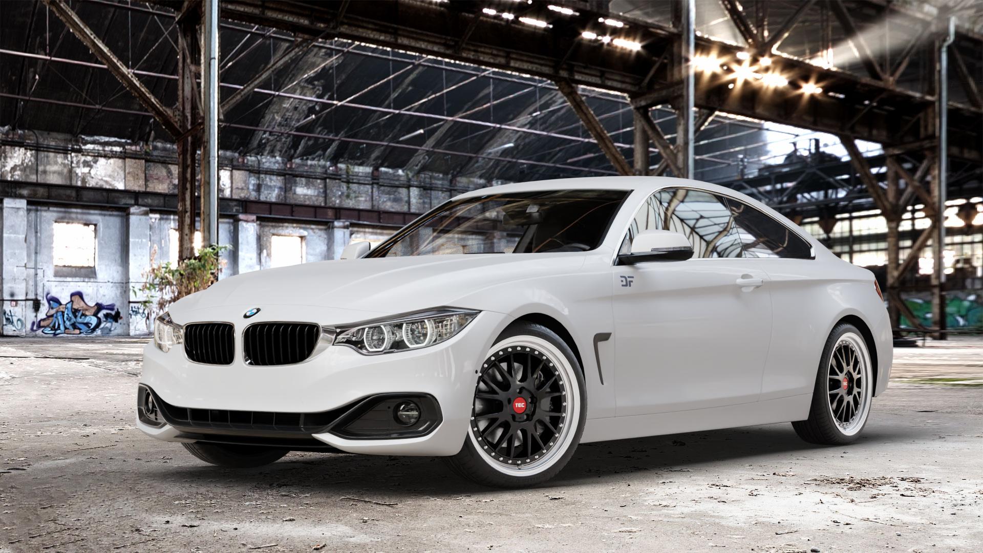 Tec Speedwheels GT EVO Schwarz Glanz Hornpoliert Felge mit Reifen silber mehrfarbig in 19Zoll Alufelge auf weissem BMW 420d Typ F32 (Coupé) 428i xDrive 435i 430d 420i 435d 425d F36 (Gran Coupe) 418d 418i 430i 440i 4er Coupé (3C) ⬇️ mit 15mm Tieferlegung ⬇️ Old Industrial Hall_max_4400mm_2024 Frontansicht_1