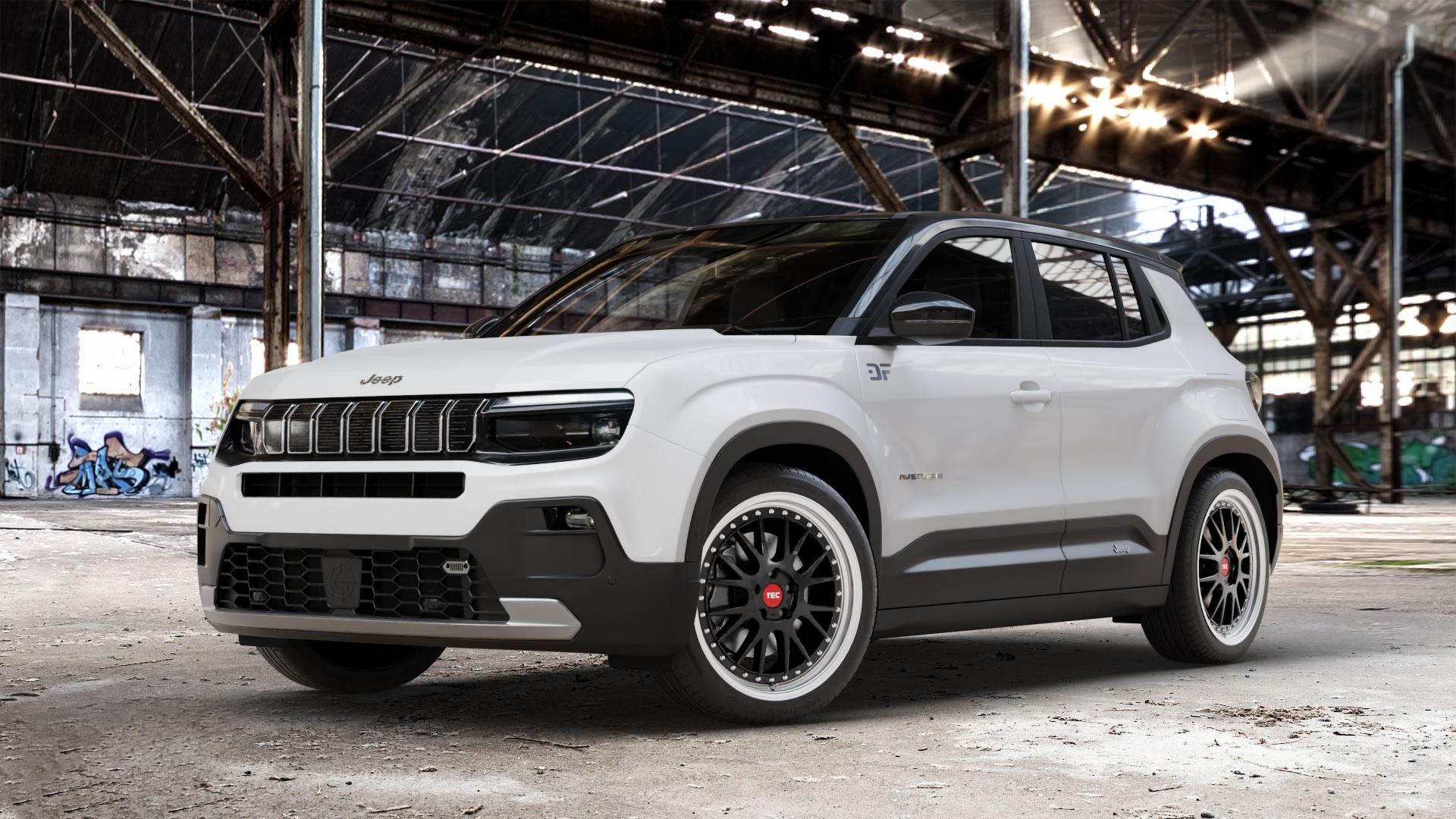 Tec Speedwheels GT EVO Schwarz Glanz Hornpoliert Felge mit Reifen silber mehrfarbig in 19Zoll Alufelge auf weissem Jeep Avenger Typ FH1 ⬇️ mit 15mm Tieferlegung ⬇️ Old Industrial Hall_max_4400mm_2024 Frontansicht_1