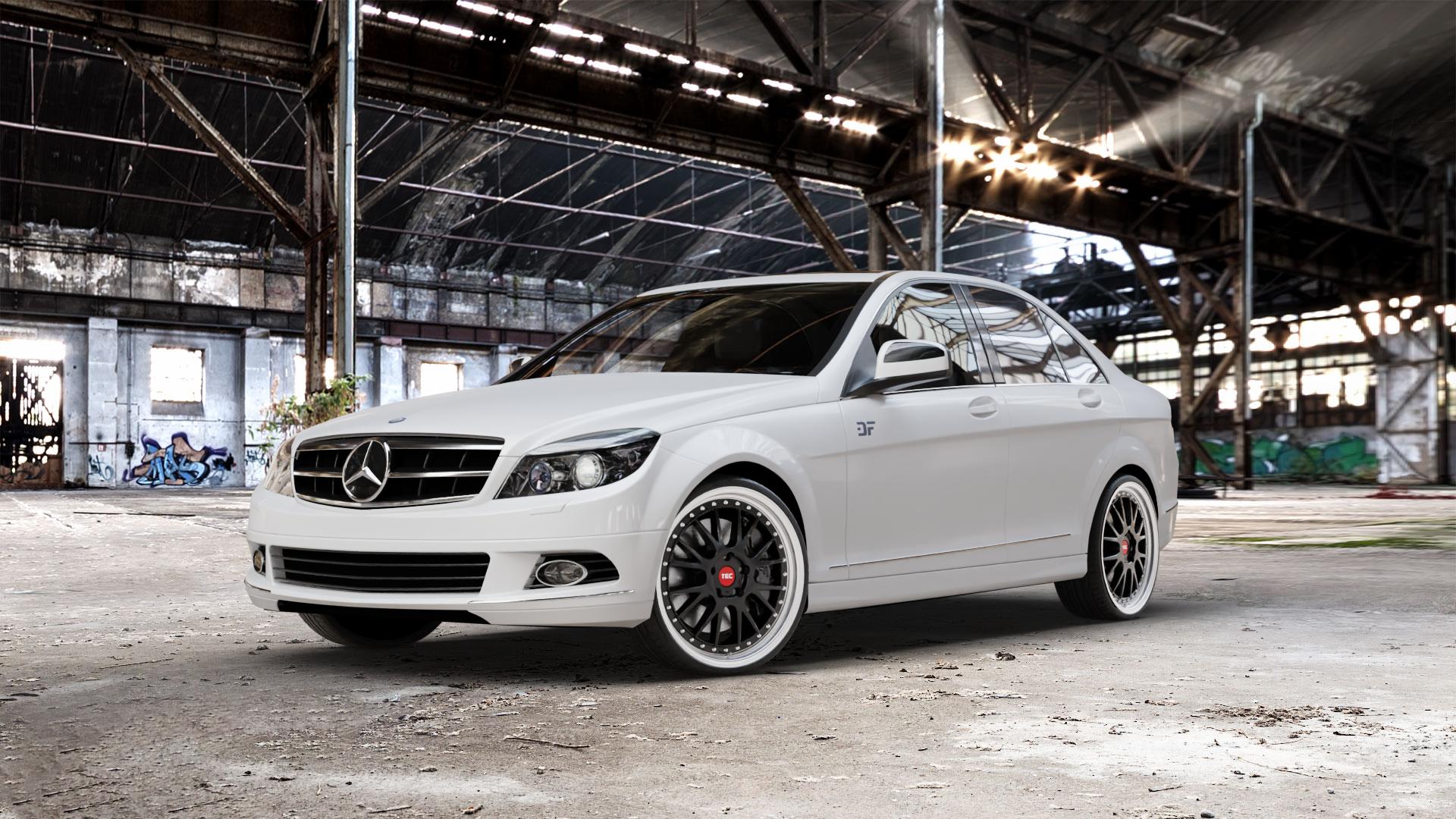 Tec Speedwheels GT EVO Schwarz Glanz Hornpoliert Felge mit Reifen silber mehrfarbig in 20Zoll Alufelge auf weissem Mercedes C-Klasse Typ W204 Limousine ⬇️ mit 15mm Tieferlegung ⬇️ Old Industrial Hall_max_5300mm_2024 Frontansicht_1
