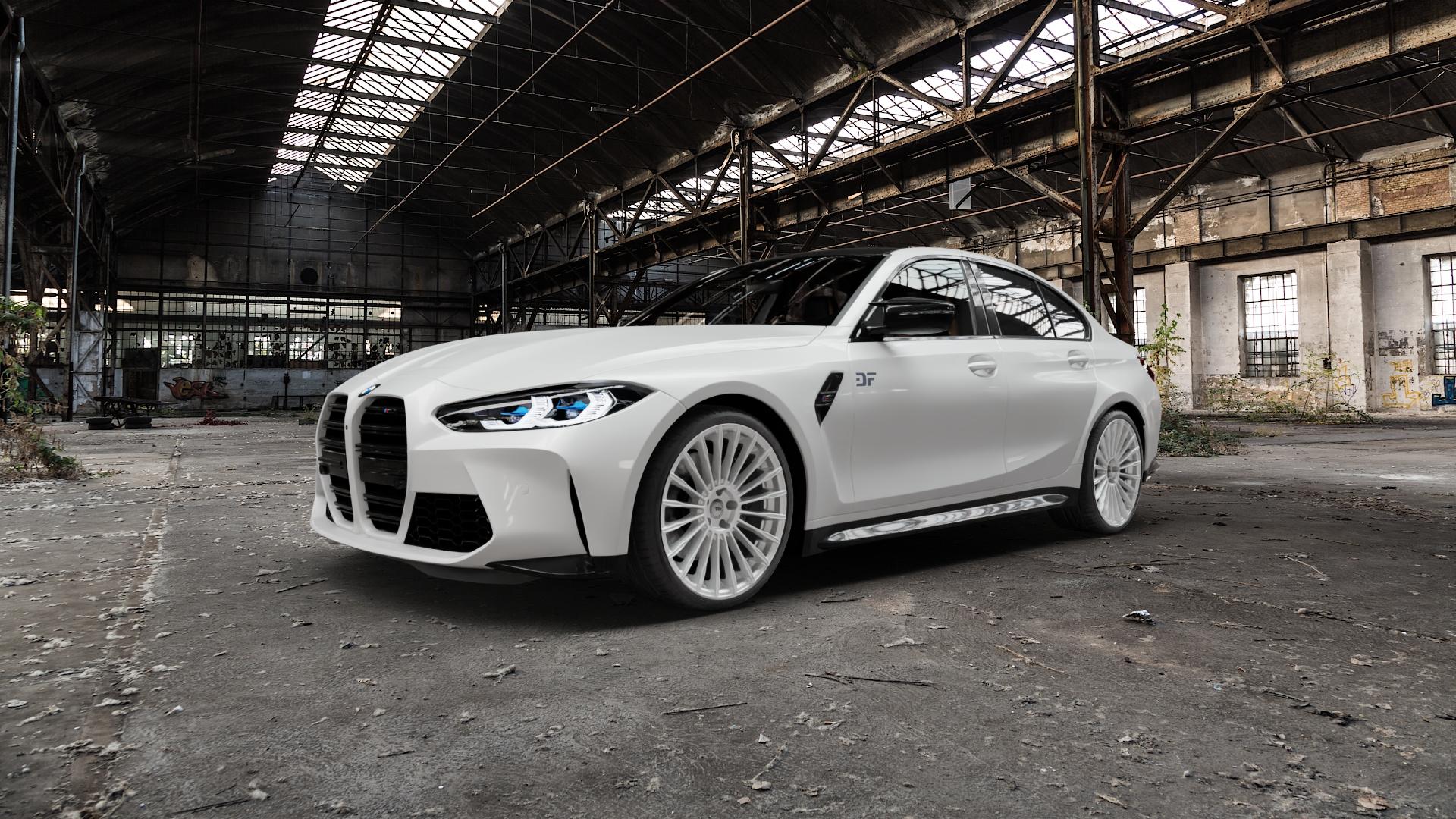 Tec Speedwheels GT5 Hyper Silber Felge mit Reifen in 20Zoll Winterfelge Alufelge auf weissem BMW M3 Typ G80 (Limousine) CS Facelift ⬇️ mit 15mm Tieferlegung ⬇️ Old Industrial Hall_max5000mm_2022 Frontansicht_1
