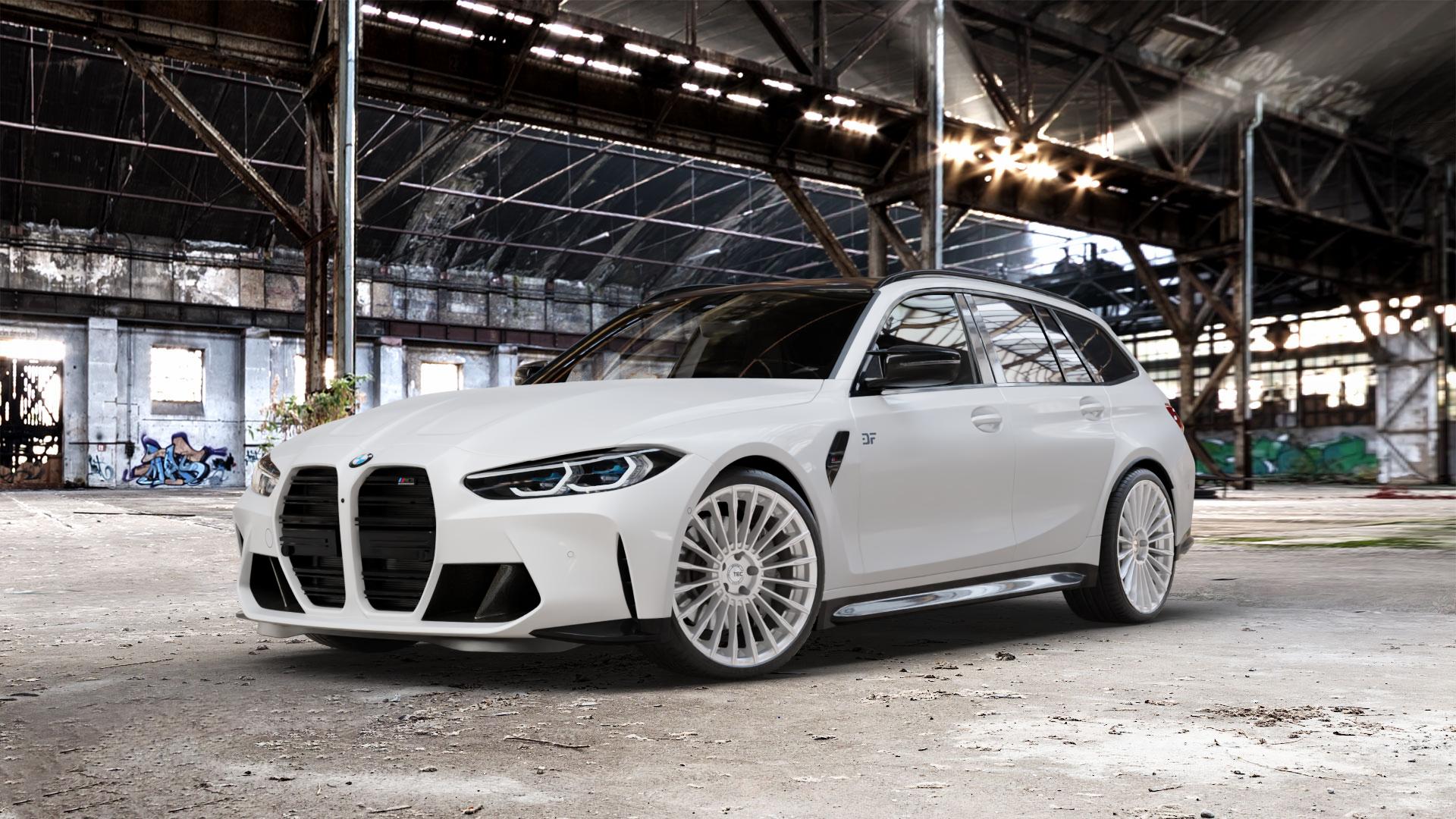 Tec Speedwheels GT5 Hyper Silber Felge mit Reifen in 20Zoll Winterfelge Alufelge auf weissem BMW M3 Typ G81 (Touring) Facelift ⬇️ mit 15mm Tieferlegung ⬇️ Old Industrial Hall_max_5300mm_2024 Frontansicht_1