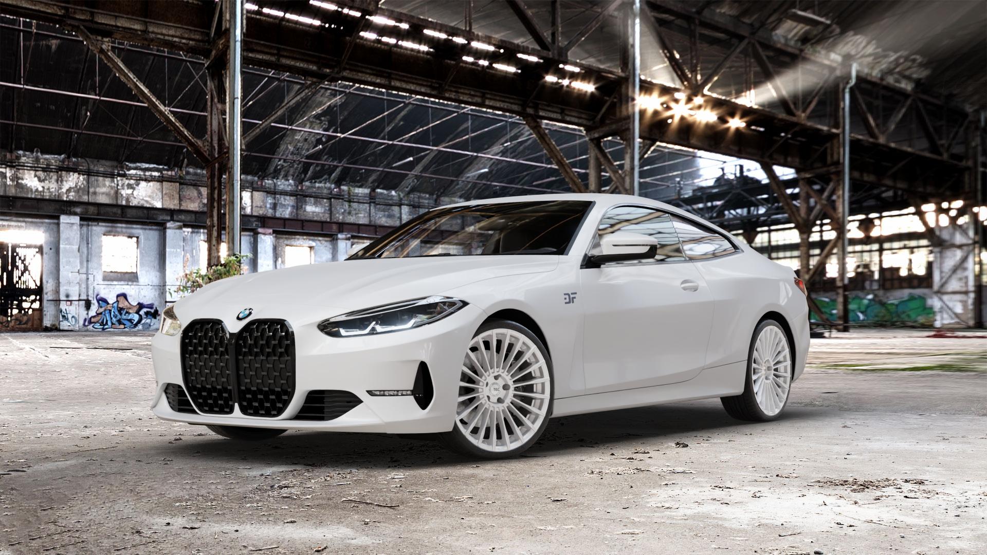 Tec Speedwheels GT5 Hyper Silber Felge mit Reifen in 20Zoll Winterfelge Alufelge auf weissem BMW M4 Typ G82 (Coupe) CSL 4er G22 Coupé (G3C) ⬇️ mit 15mm Tieferlegung ⬇️ Old Industrial Hall_max_5300mm_2024 Frontansicht_1