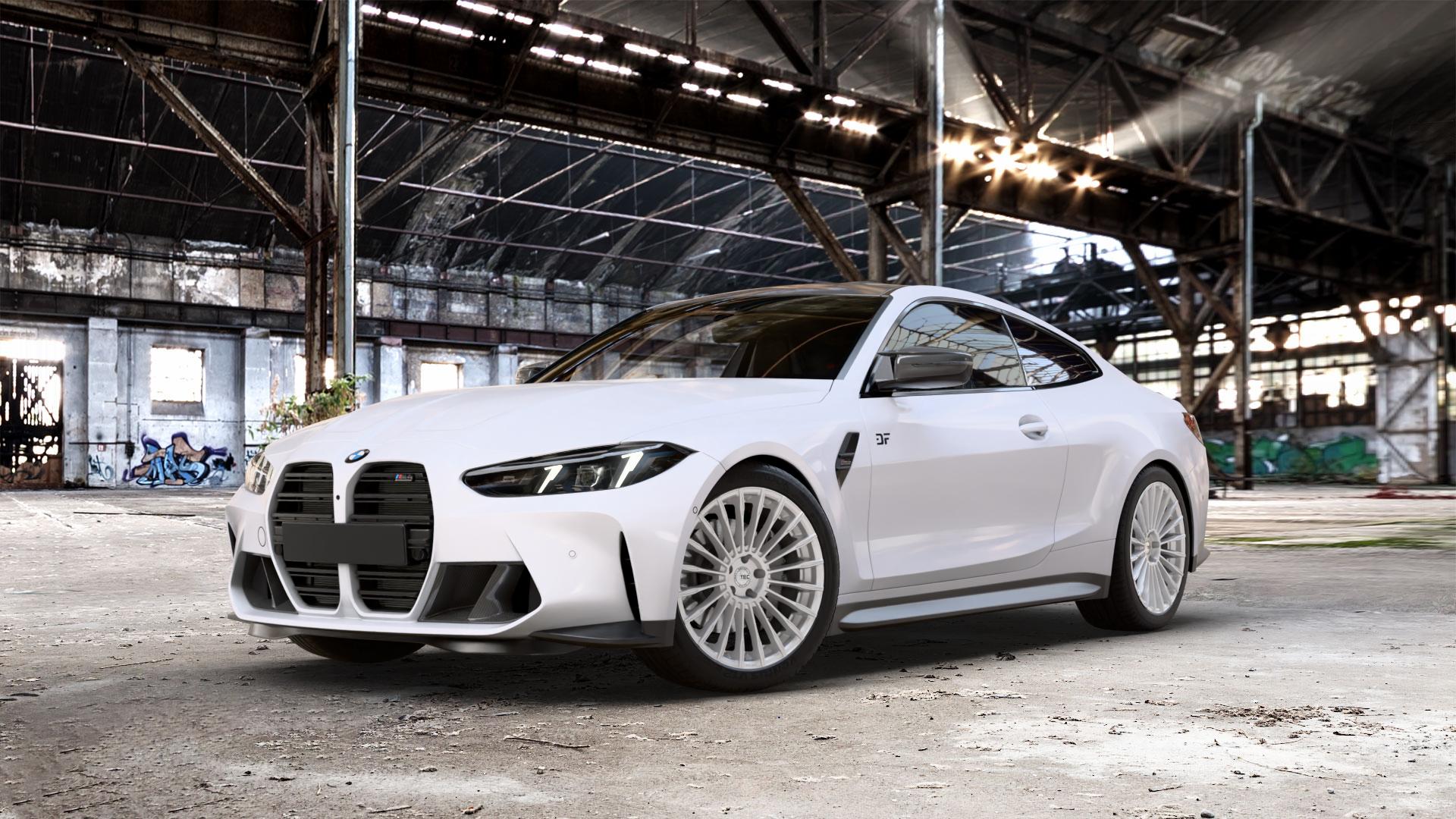 Tec Speedwheels GT5 Hyper Silber Felge mit Reifen in 20Zoll Winterfelge Alufelge auf weissem BMW M4 Typ G82 (Coupe) Facelift 3,0l 390kW Competition xDrive (530 PS) CS 405kW (551 353kW (480 375kW (510 ⬇️ mit 15mm Tieferlegung ⬇️ Old Industrial Hall_max_5300mm_2024 Frontansicht_1