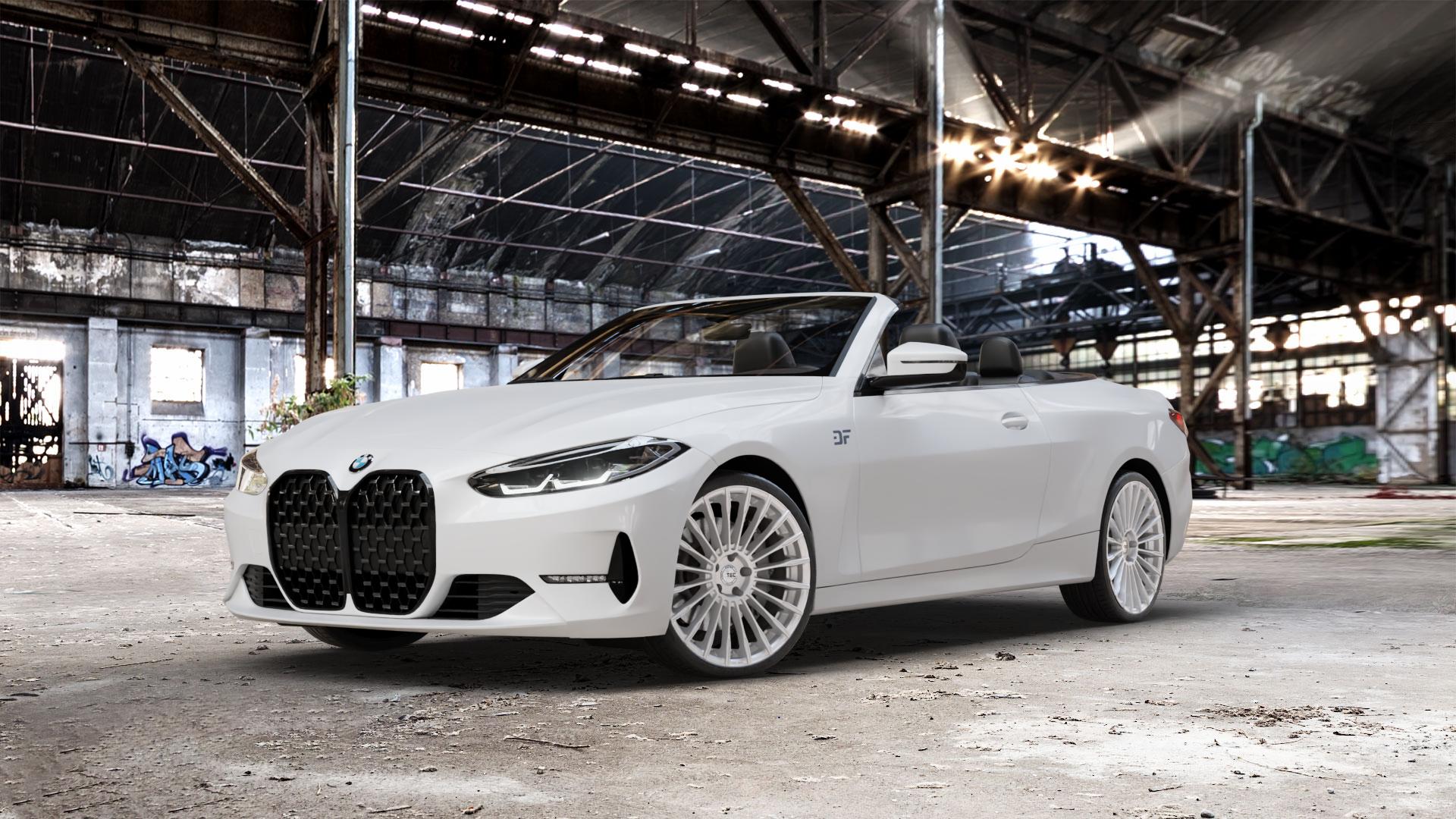 Tec Speedwheels GT5 Hyper Silber Felge mit Reifen in 20Zoll Winterfelge Alufelge auf weissem BMW M4 Typ G83 (Cabrio) 4er G23 Cabrio (G3C) ⬇️ mit 15mm Tieferlegung ⬇️ Old Industrial Hall_max_5300mm_2024 Frontansicht_1