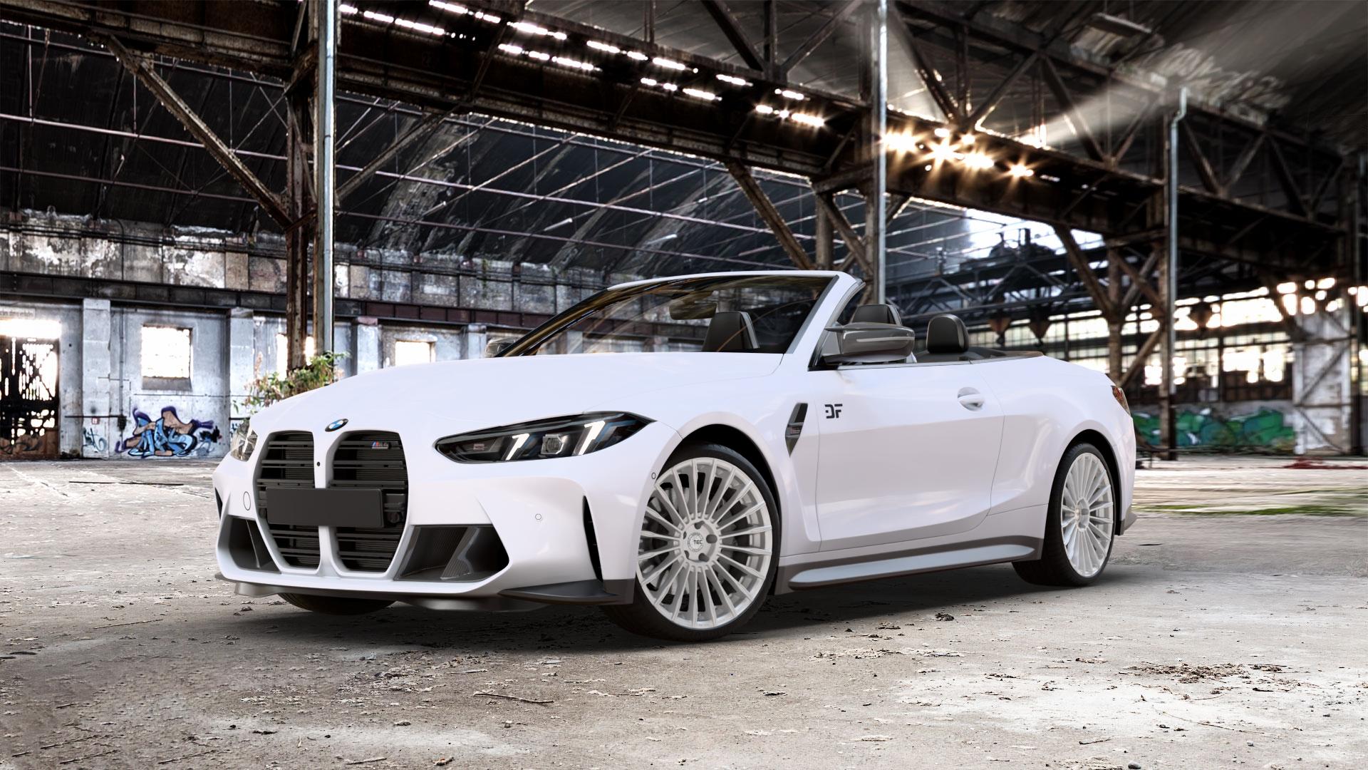 Tec Speedwheels GT5 Hyper Silber Felge mit Reifen in 20Zoll Winterfelge Alufelge auf weissem BMW M4 Typ G83 (Cabrio) Facelift 3,0l 390kW Competition xDrive (530 PS) ⬇️ mit 15mm Tieferlegung ⬇️ Old Industrial Hall_max_5300mm_2024 Frontansicht_1